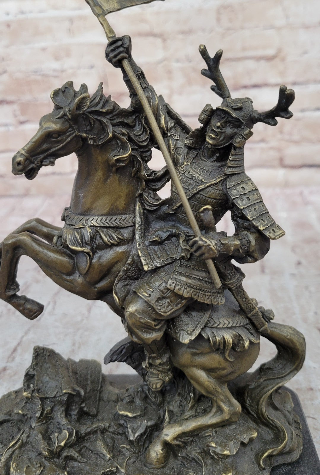 Hot Cast Viking Warrior on Horse with a Flag Bronze Sculpture Statue Figurine
