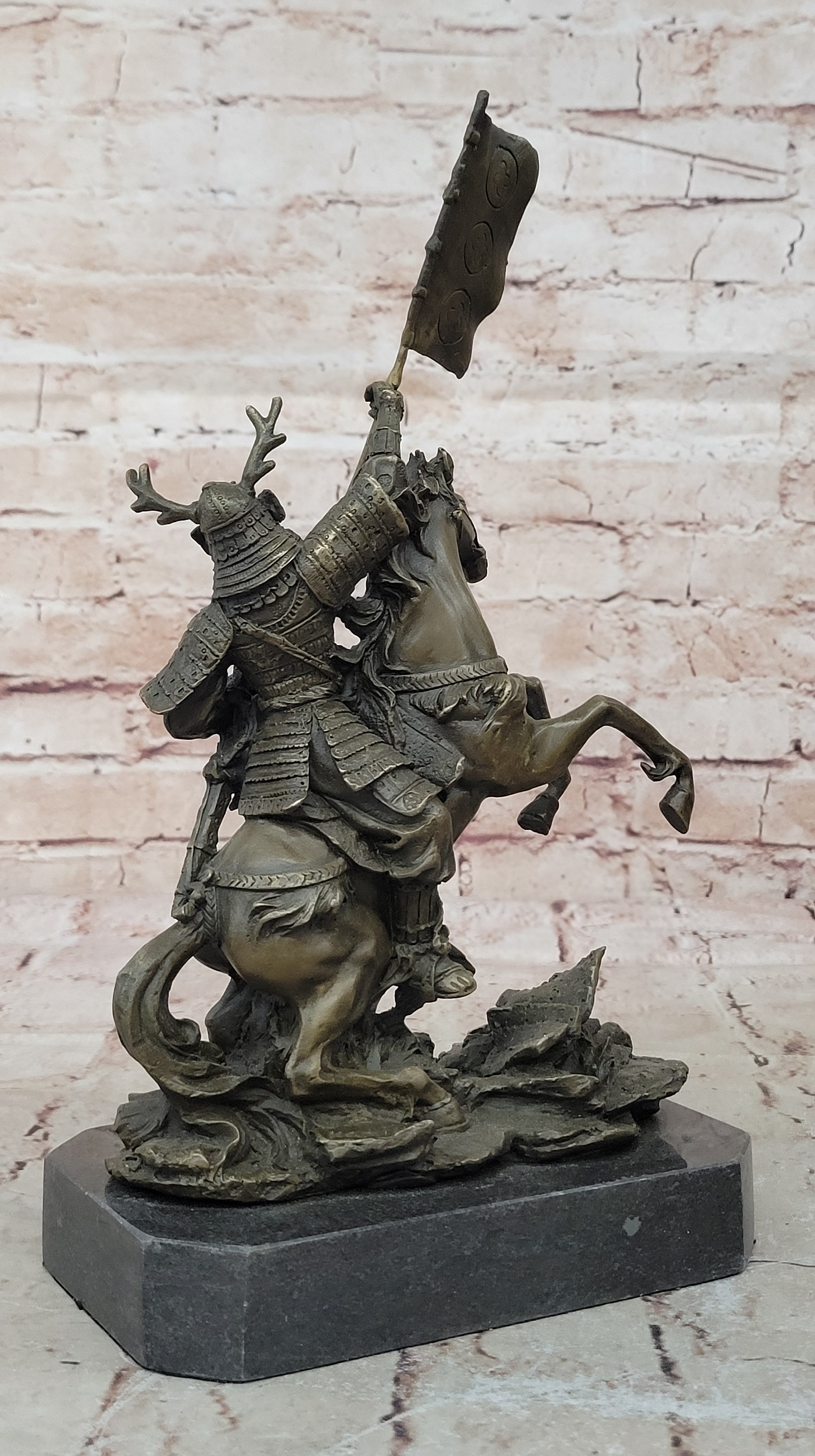 Hot Cast Viking Warrior on Horse with a Flag Bronze Sculpture Statue Figurine