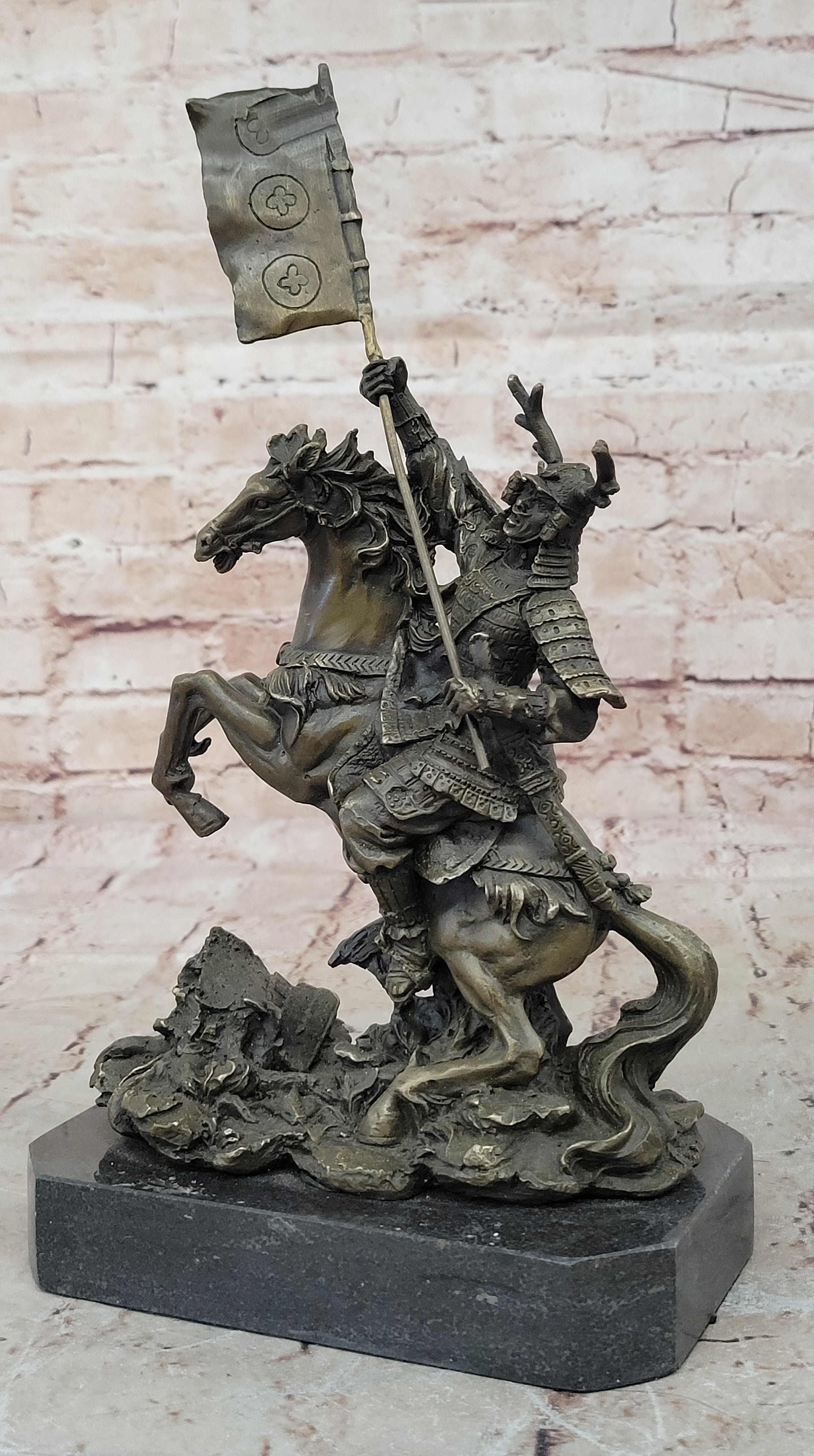 Hot Cast Viking Warrior on Horse with a Flag Bronze Sculpture Statue Figurine