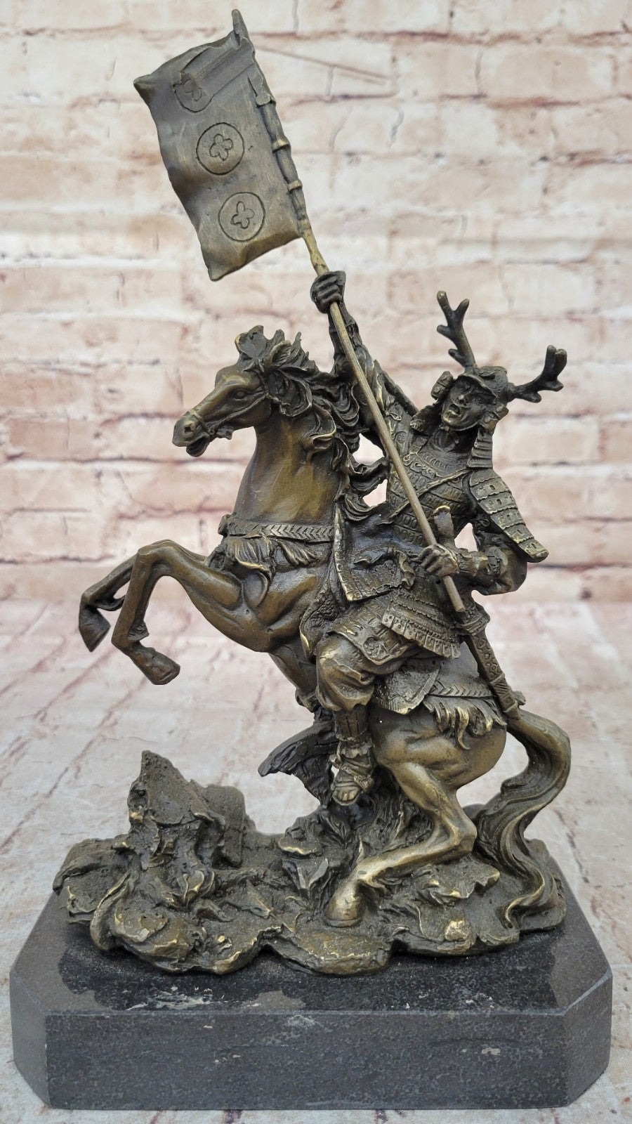 Hot Cast Viking Warrior on Horse with a Flag Bronze Sculpture Statue Figurine