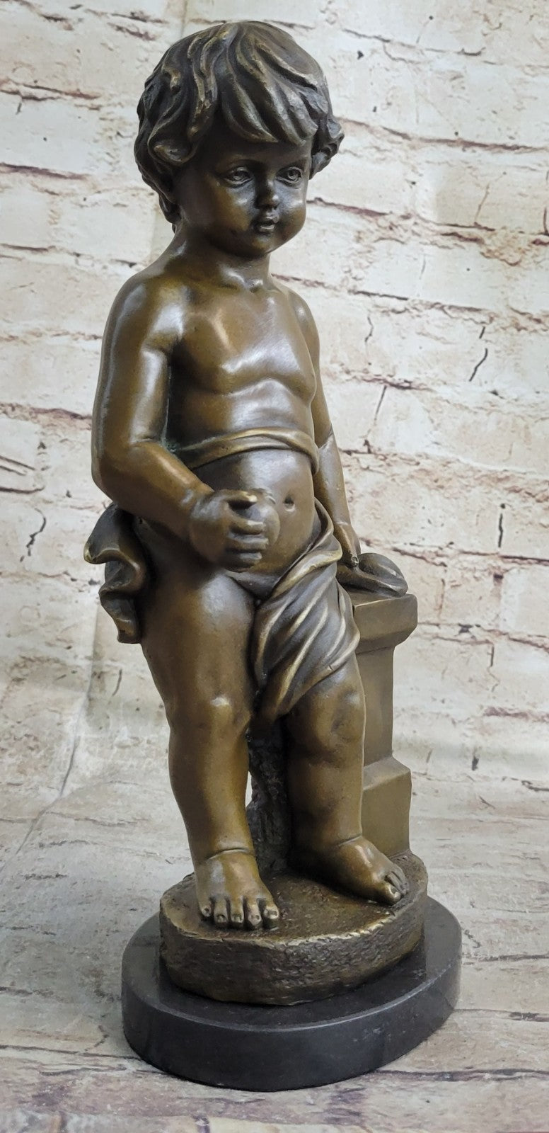 Handcrafted Bronze Art Nude Little Boy Holding Apple Sculpture Statue Figure