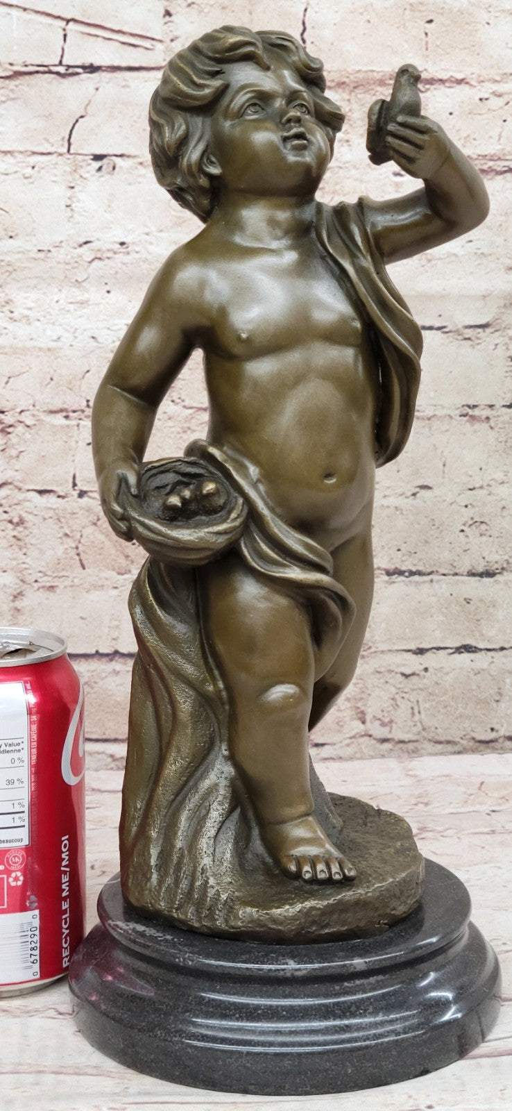 100% Solid Bronze Sculpture of a Stading Holding a Bird Art Deco Marble Sale