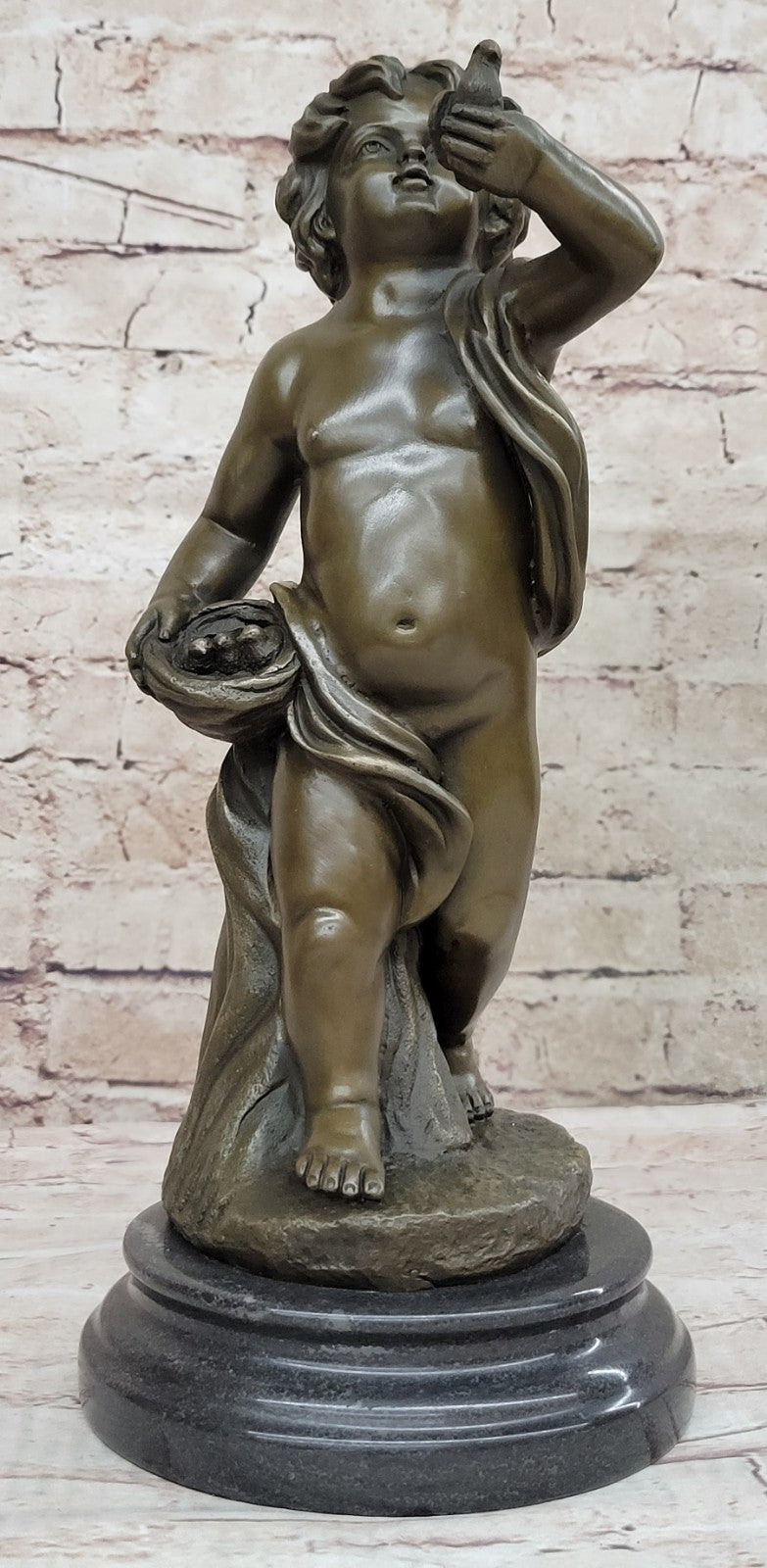 100% Solid Bronze Sculpture of a Stading Holding a Bird Art Deco Marble Sale