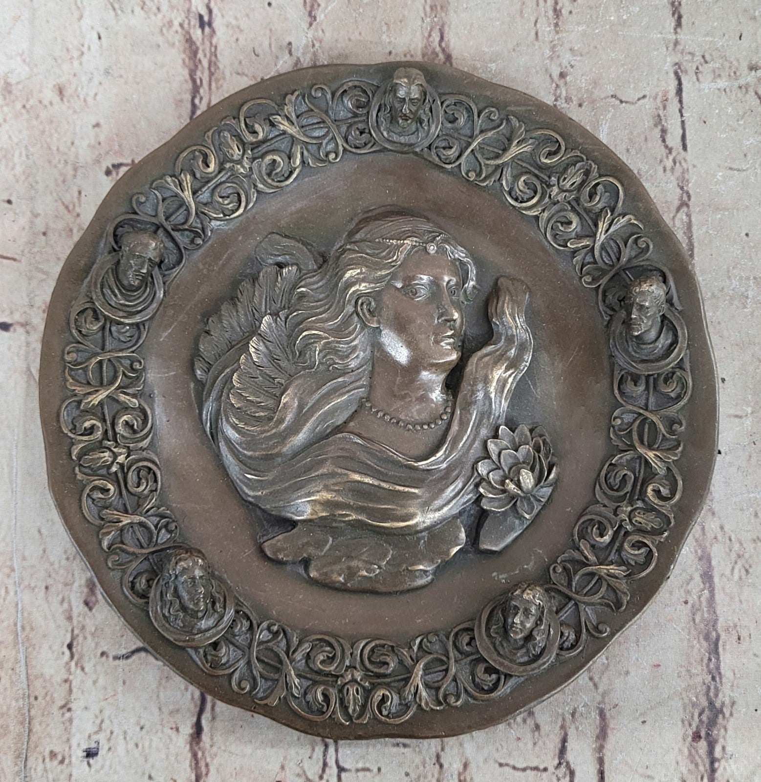 Original Hand Crafted Large Bas Relief Plaque Woman Face Bronze Sculpture Statue