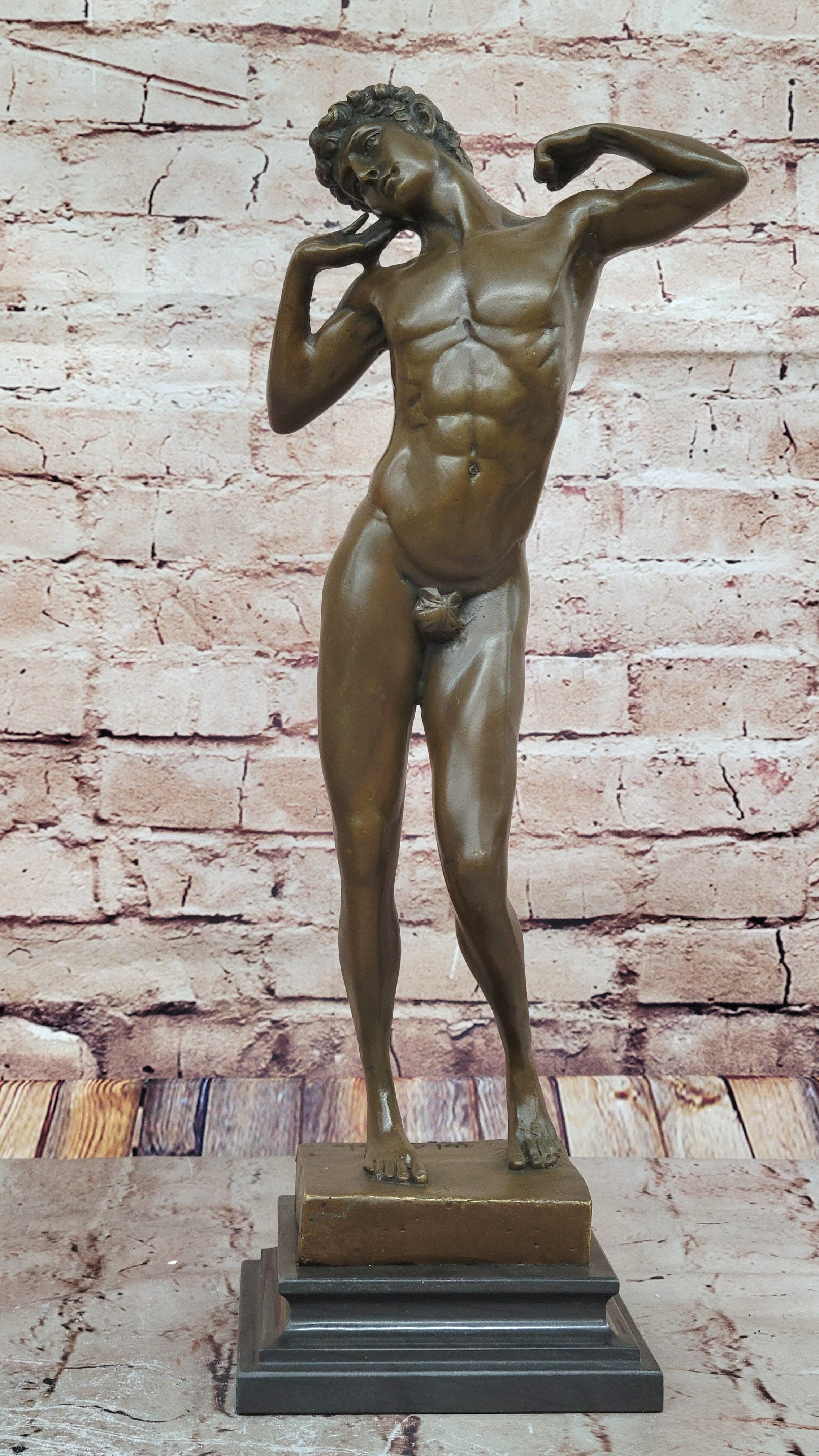 17" Tall Nude Male Man Michelangelo Bronze Sculpture Marble Base Figurine Sale