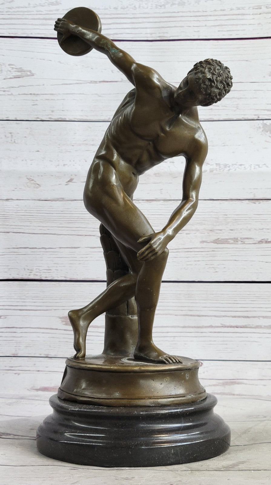 Discus Thrower Grand Tour Bronze Statue On Black Marble Base European Artwork