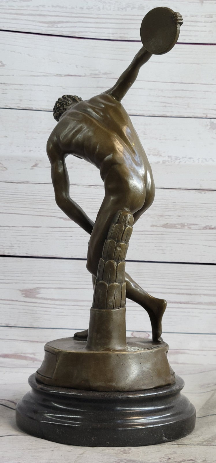 Discus Thrower Grand Tour Bronze Statue On Black Marble Base European Artwork