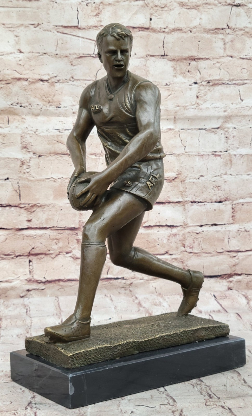 Art Deco 100% Bronze Marble Sculpture Statue Figure Rugby Football Player Decor