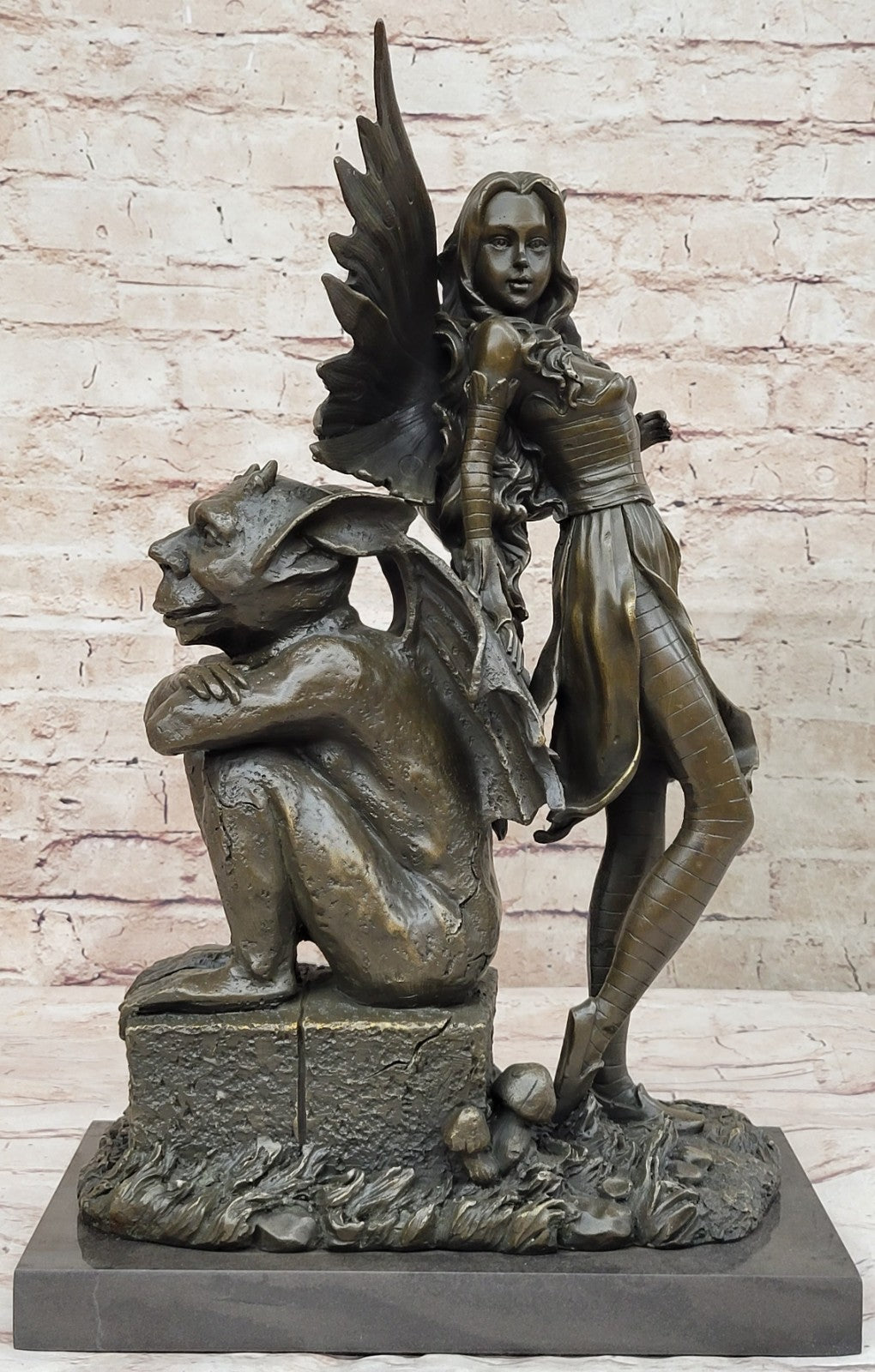 Mythical Magic: Hot Cast Bronze Art Deco Fairy with Gargoyle by Aldo Vitaleh