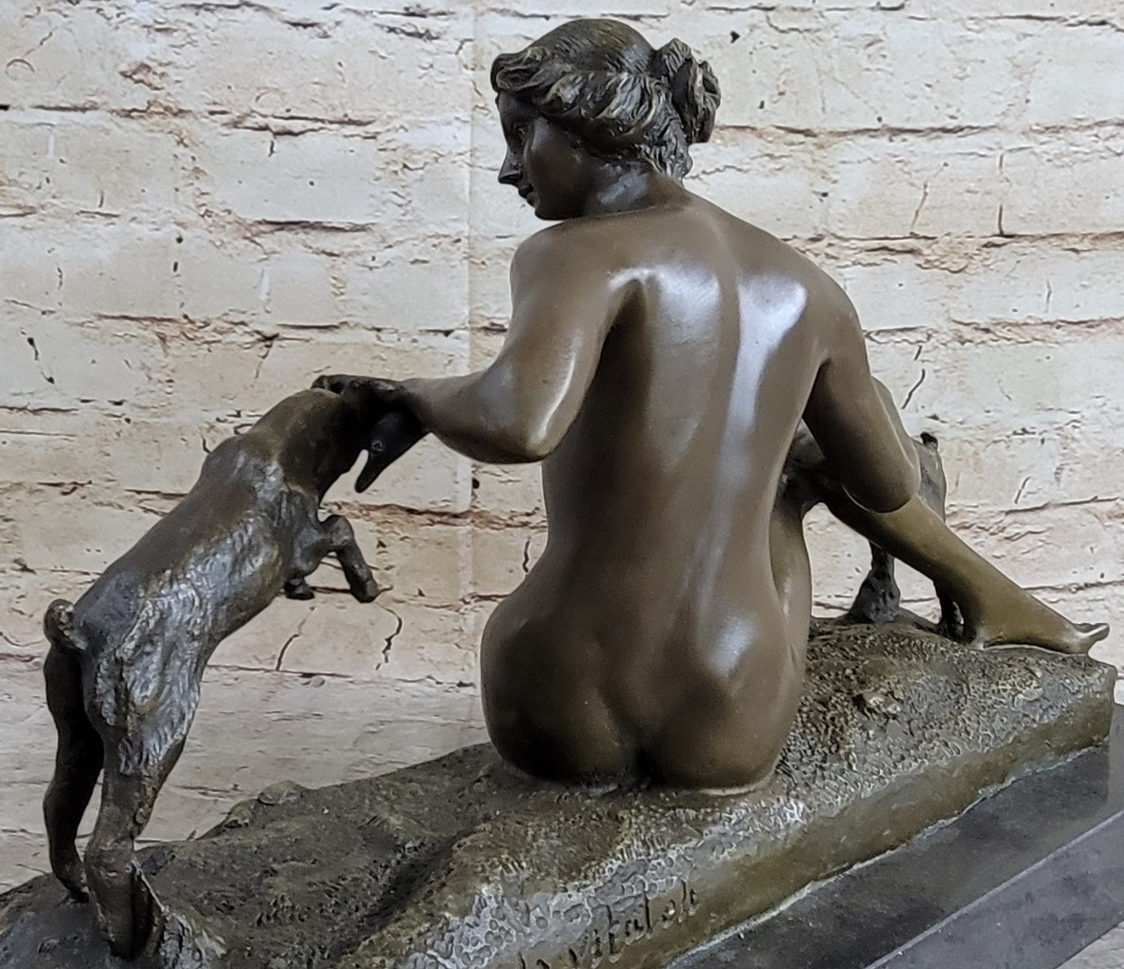 Wonderful French bronze lady Sitting with 2 Goats Sculpture Marble Base Vitaleh