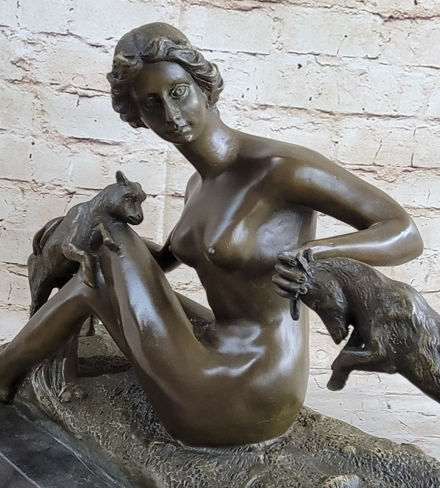 Wonderful French bronze lady Sitting with 2 Goats Sculpture Marble Base Vitaleh