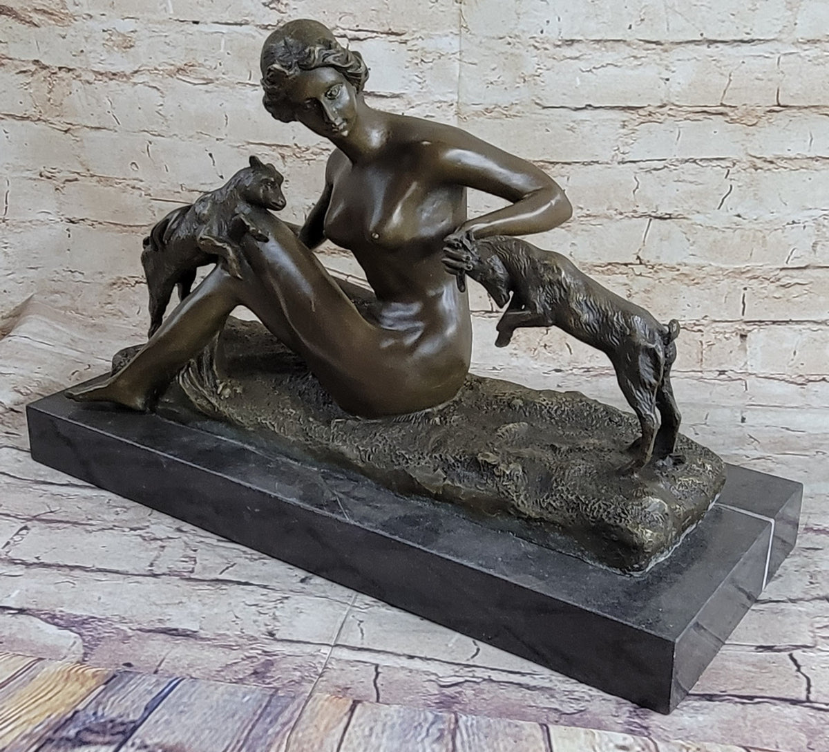 Wonderful French bronze lady Sitting with 2 Goats Sculpture Marble Base Vitaleh