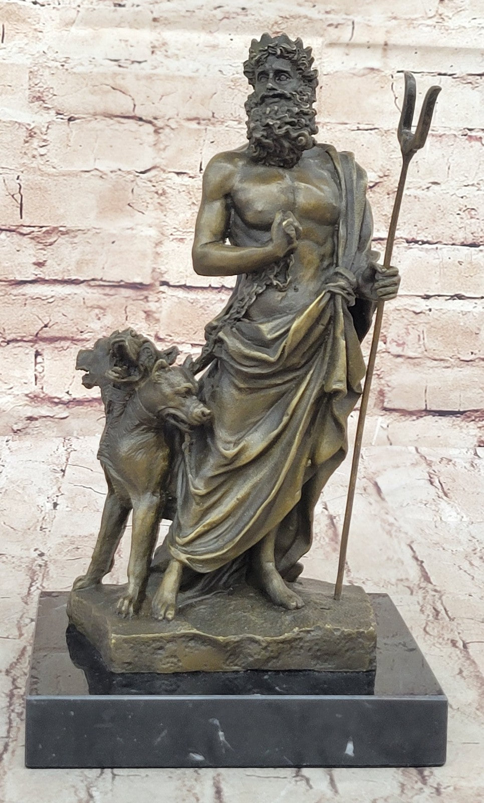 Signed Greek God Pluto With Dogs Mythical Bronze Sculpture Statue Figure Decor