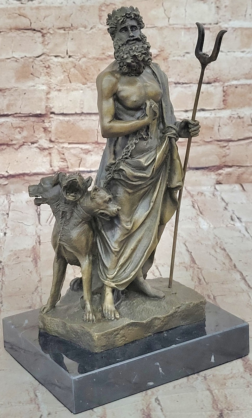 Signed Greek God Pluto With Dogs Mythical Bronze Sculpture Statue Figure Decor