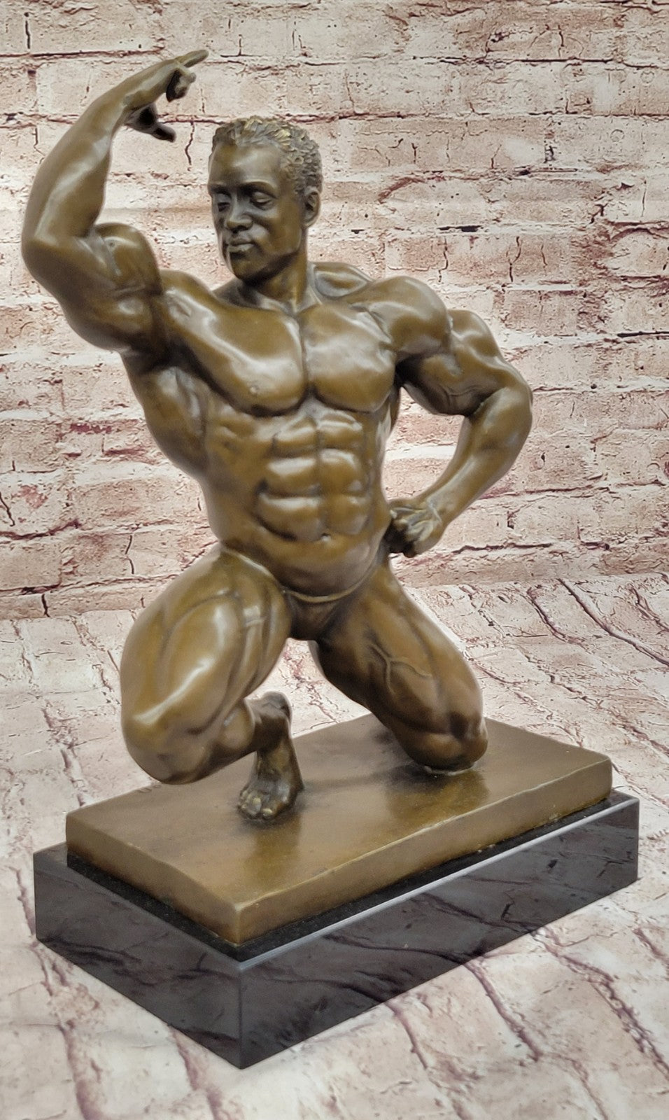Original Iron Man Muscular Nude Male Muscle Trophy Bronze Marble Sculpture Deco