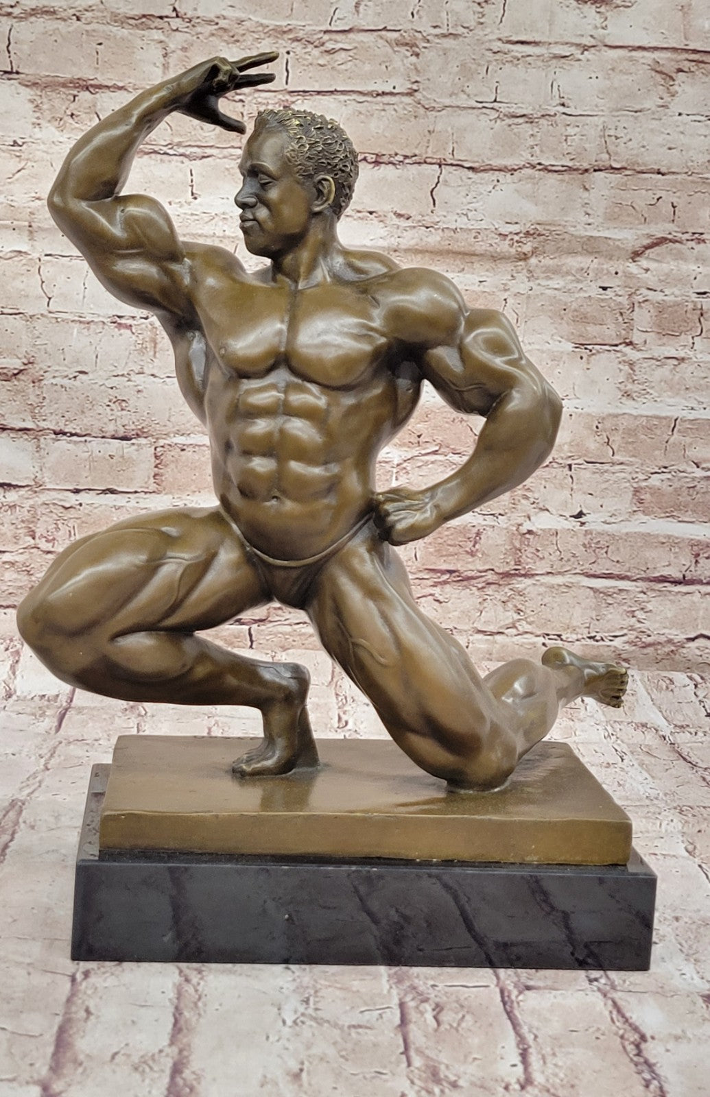 Original Iron Man Muscular Nude Male Muscle Trophy Bronze Marble Sculpture Deco