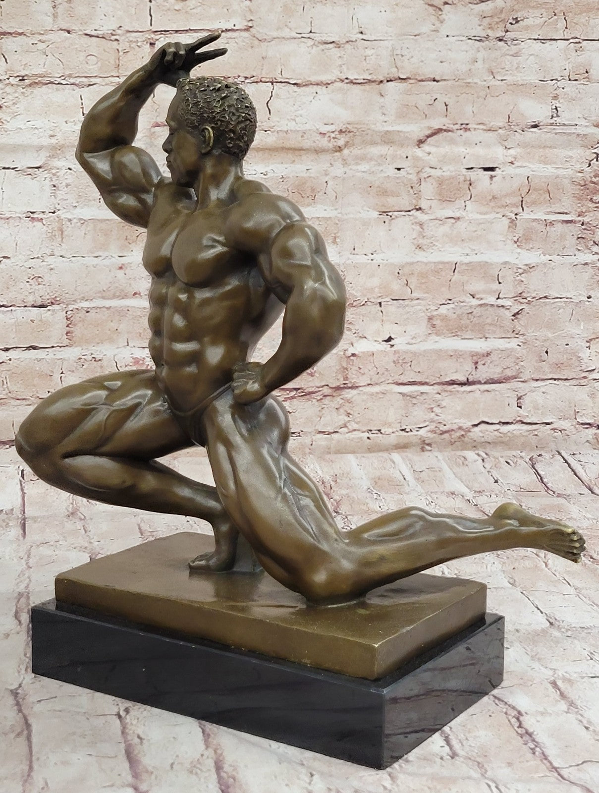 Original Iron Man Muscular Nude Male Muscle Trophy Bronze Marble Sculpture Deco