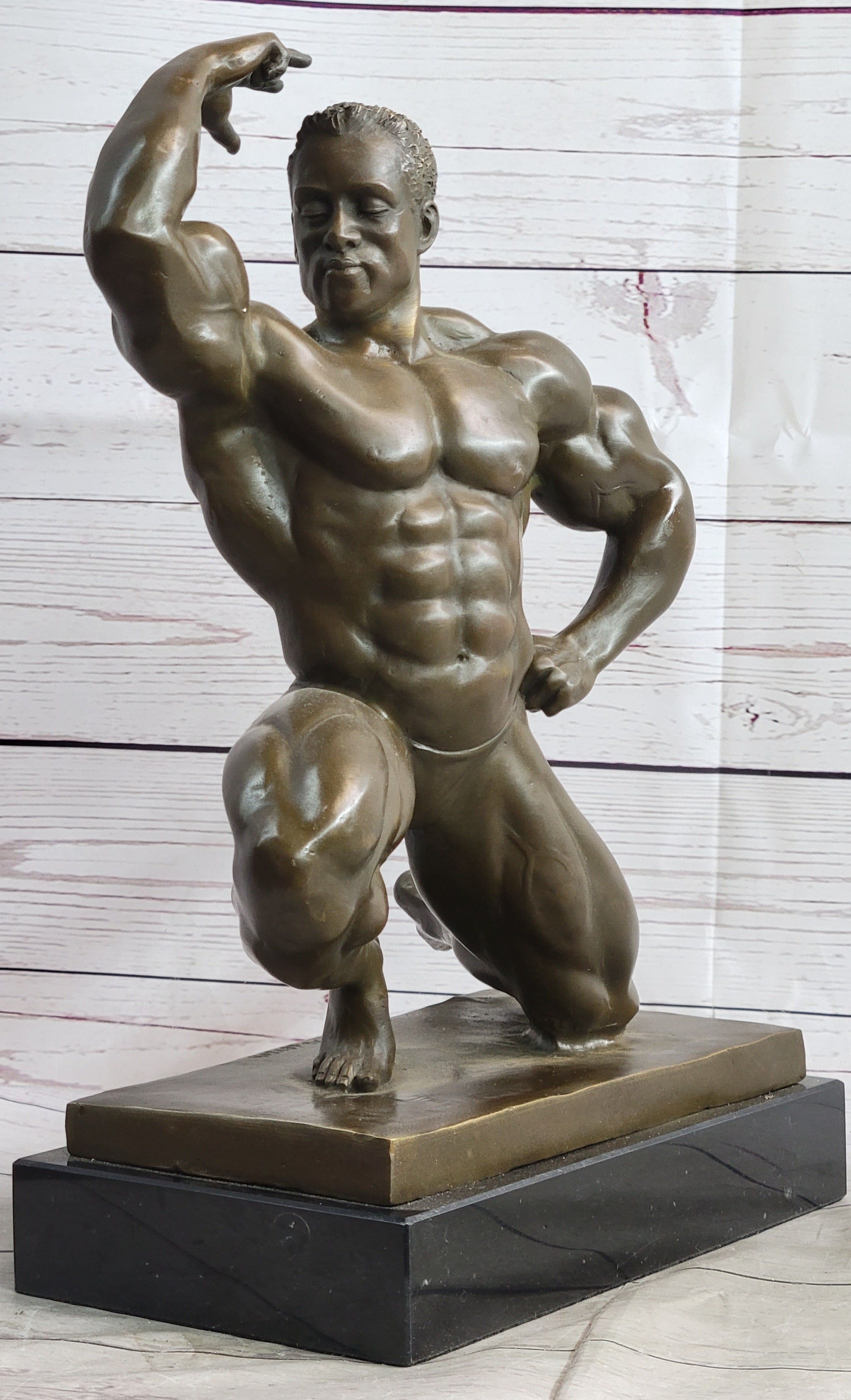 Original Iron Man Muscular Nude Male Muscle Trophy Bronze Marble Sculpture Deco