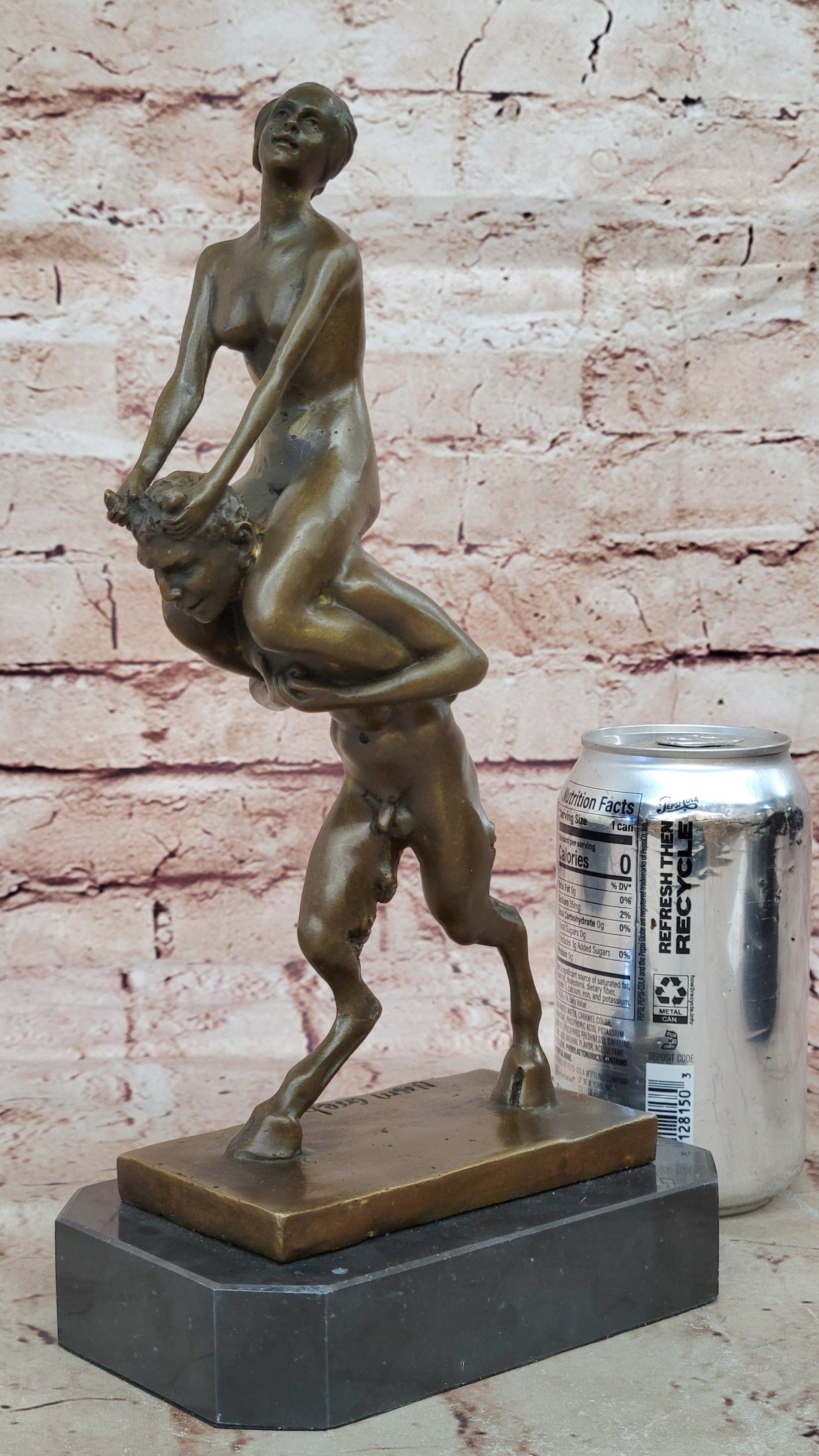 Bronze Mythology "Pan" Piggy Ride Satyr Sculpture Marble Base Greek God