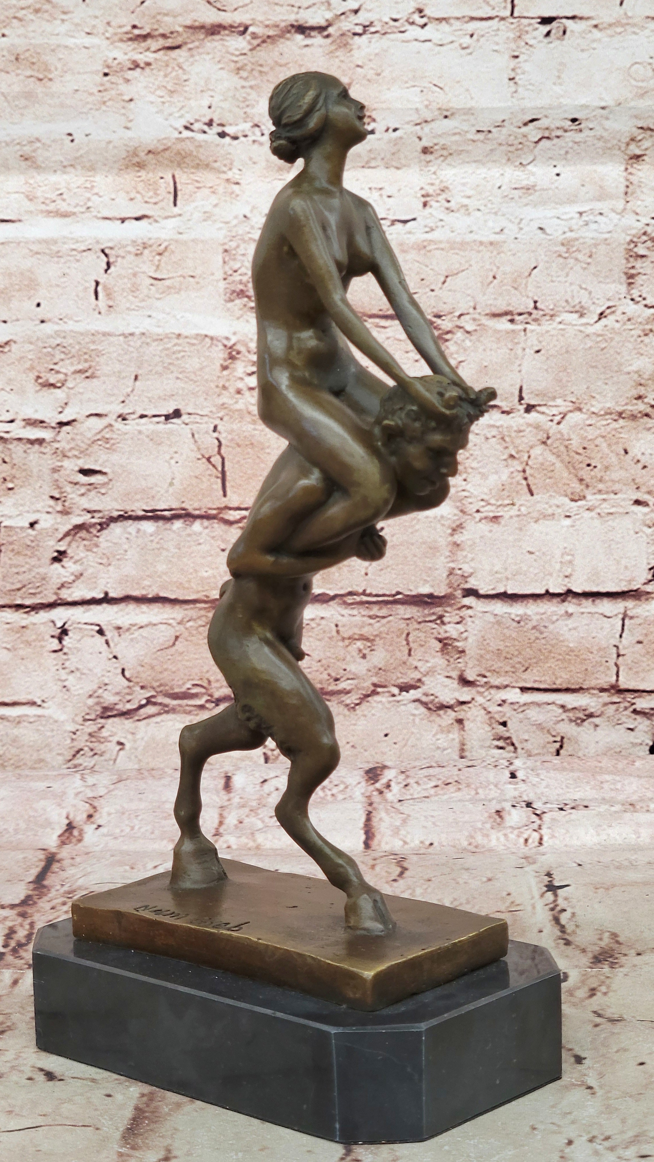 Bronze Mythology "Pan" Piggy Ride Satyr Sculpture Marble Base Greek God