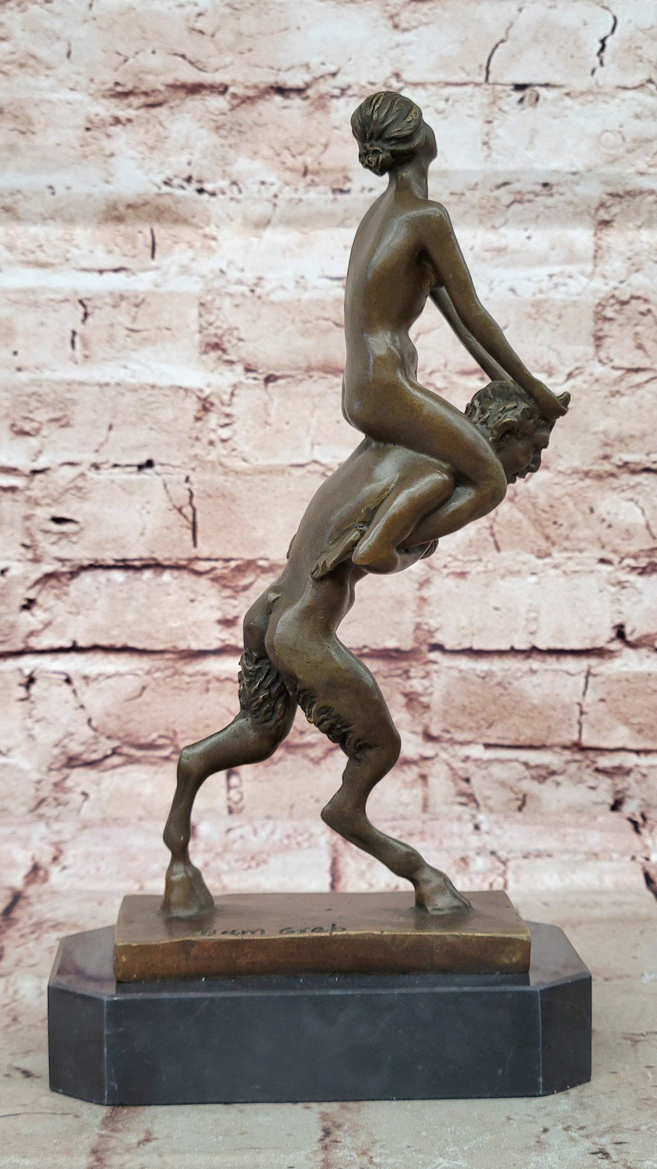 Bronze Mythology "Pan" Piggy Ride Satyr Sculpture Marble Base Greek God