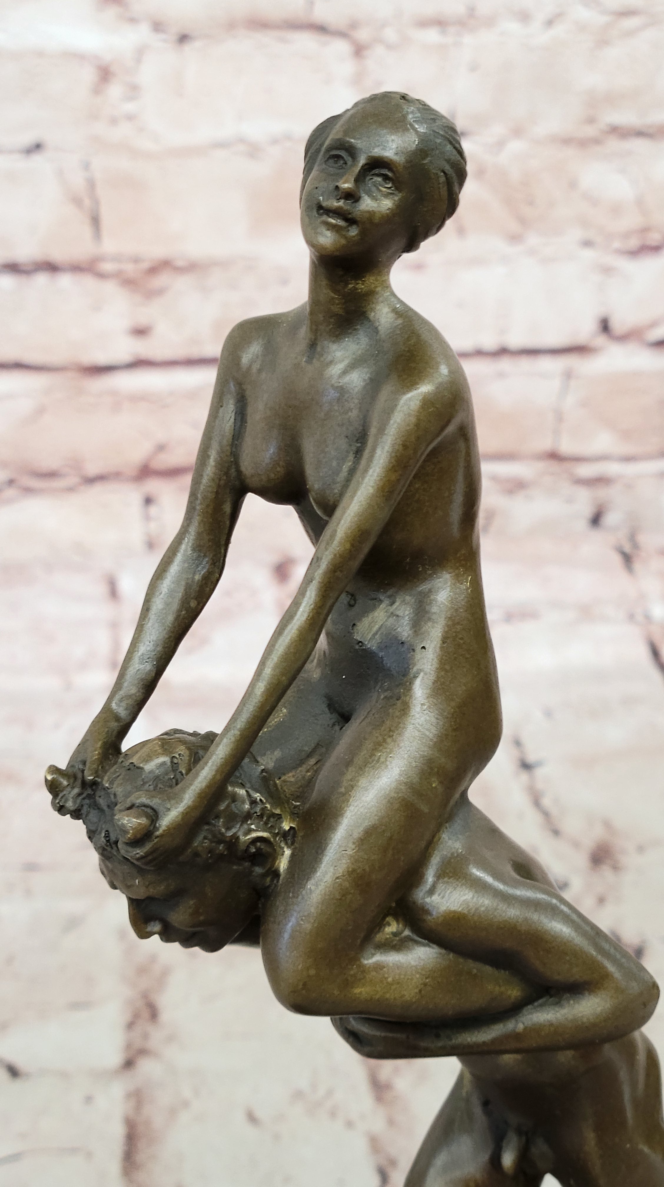 Bronze Mythology "Pan" Piggy Ride Satyr Sculpture Marble Base Greek God