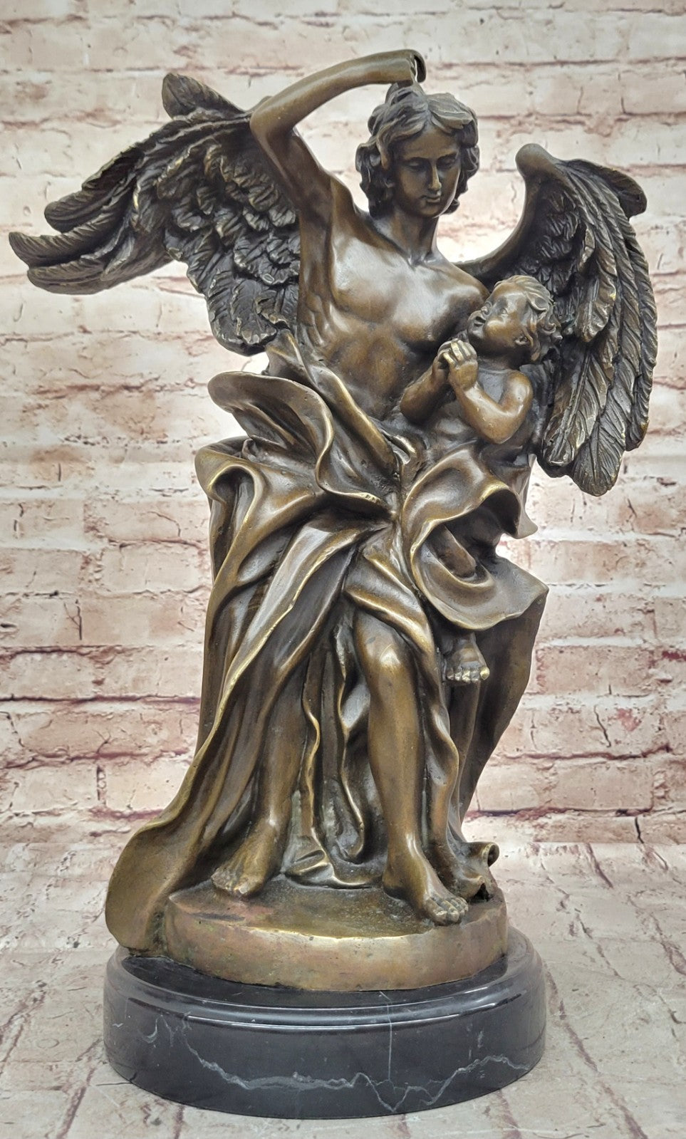 Vintage Victorian Bronze, Guardian Angel & Boy Sculpture, Marble Base, NR