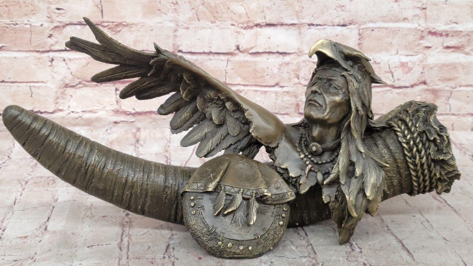 Handcrafted Male Indian Chief With Eagle Western Art Bronze Figurine Figure