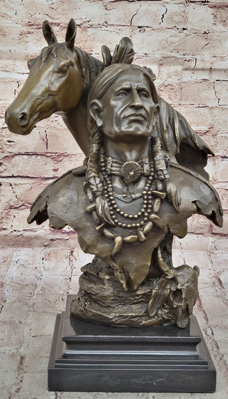 Genuine Bronze Statue Marble Base American Indian Chief Buffalo Headdress Decor