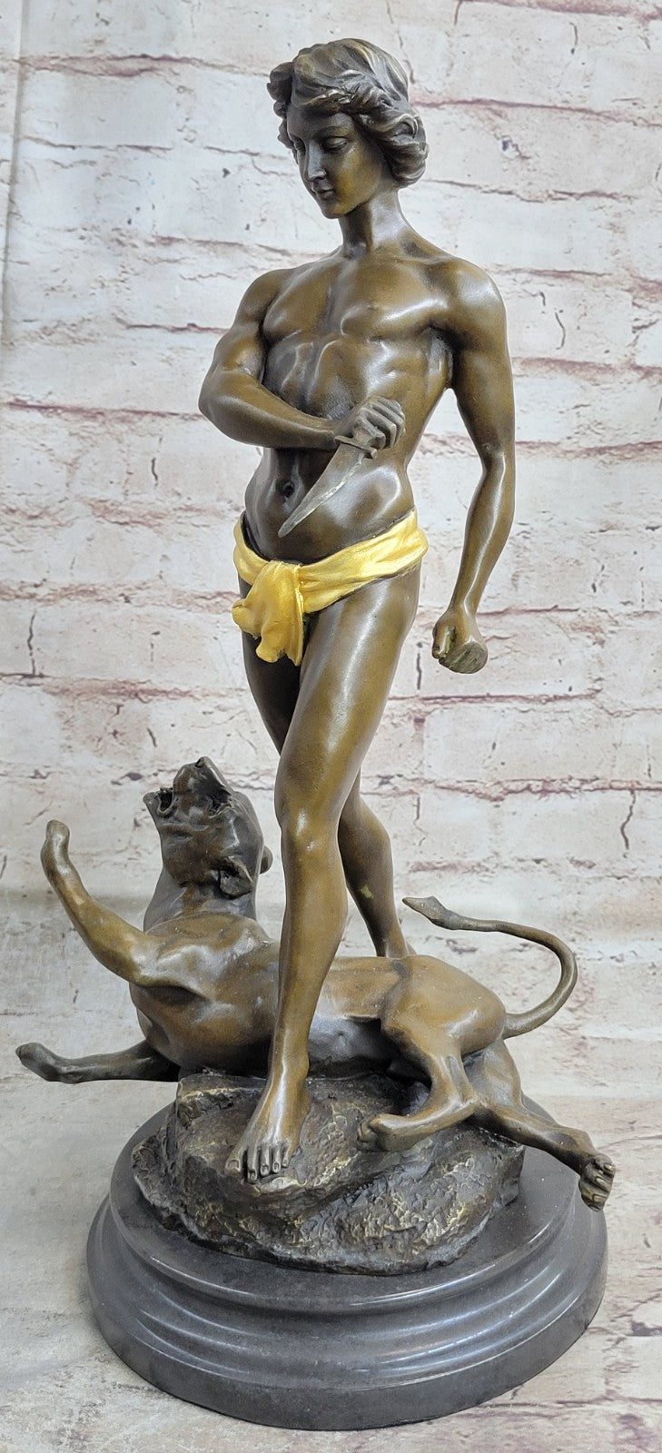 Lost Wax Method Winner Paris Exposition 1900 Nude Boy and Lion Bronze Sculpture Decor