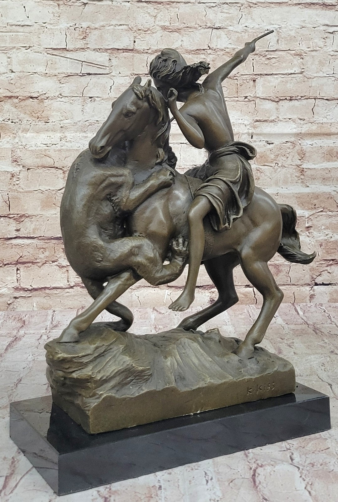 Handcrafted Detailed Nude Warrior Girl On Horse Bronze Sculpture Marble Statue