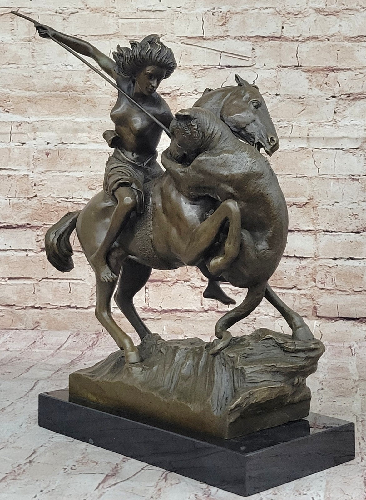 Handcrafted Detailed Nude Warrior Girl On Horse Bronze Sculpture Marble Statue