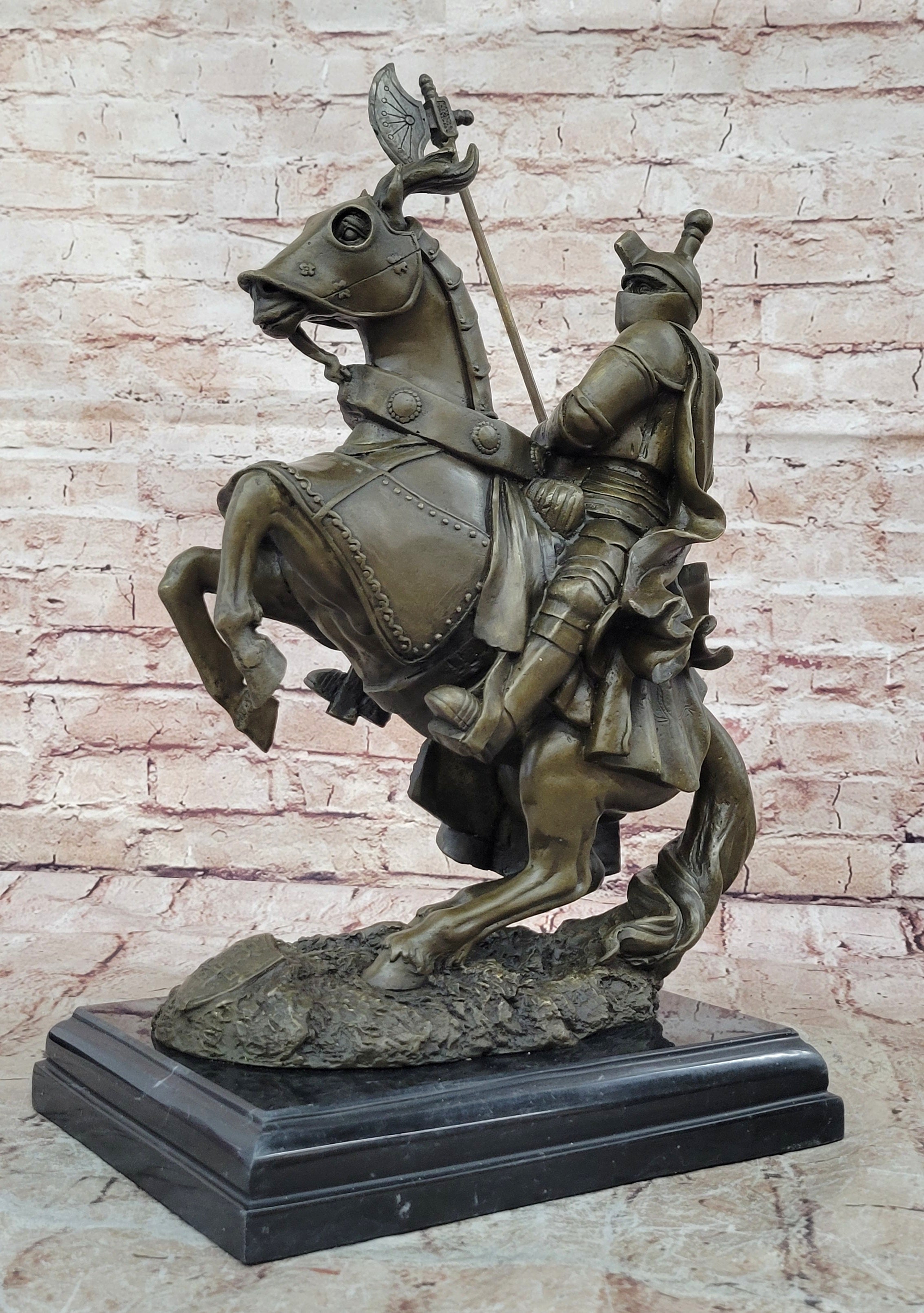Medieval Armored Knight & Horse With Jousting Lance Statue Figure lost wax