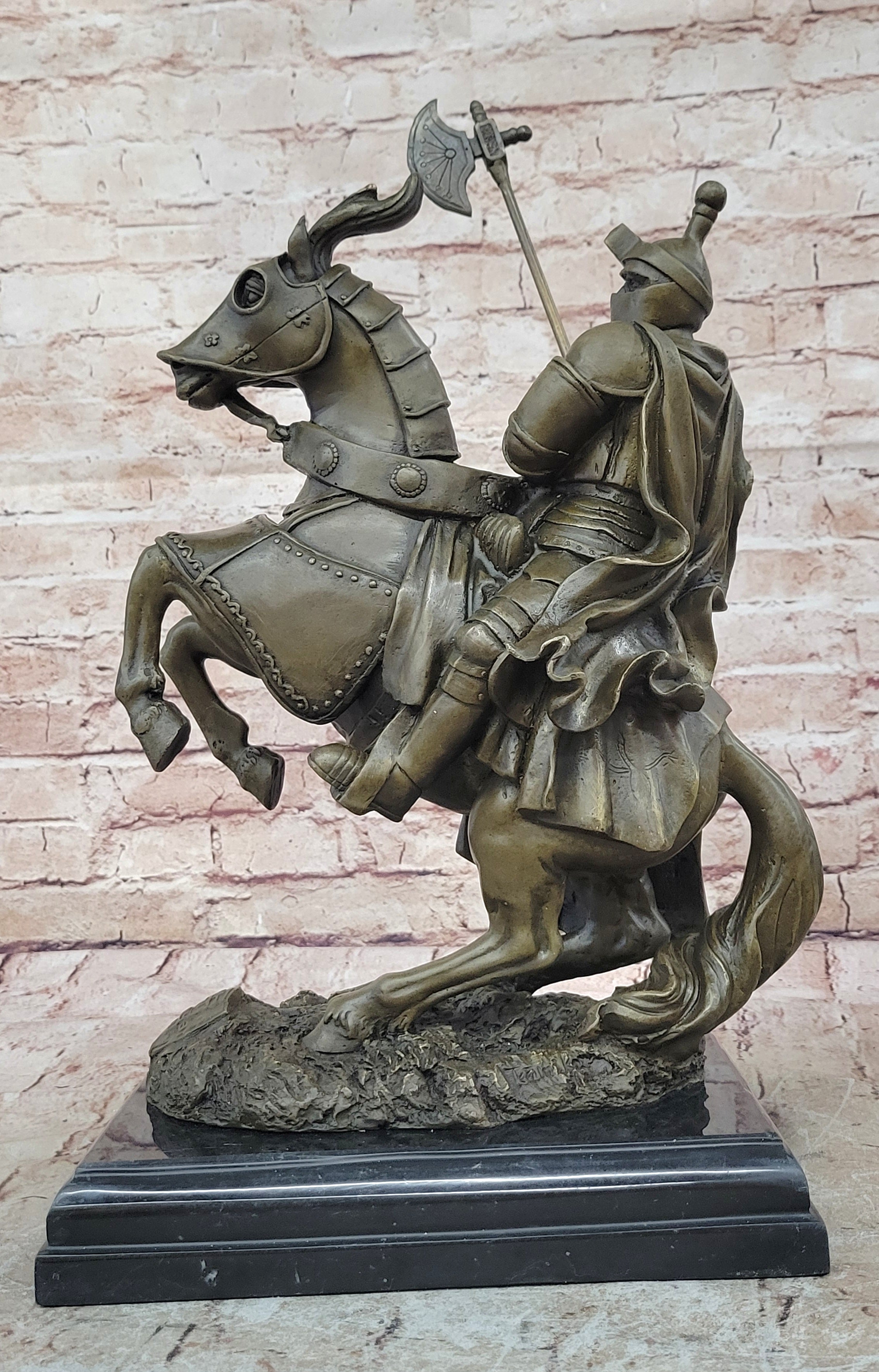 Medieval Armored Knight & Horse With Jousting Lance Statue Figure lost wax