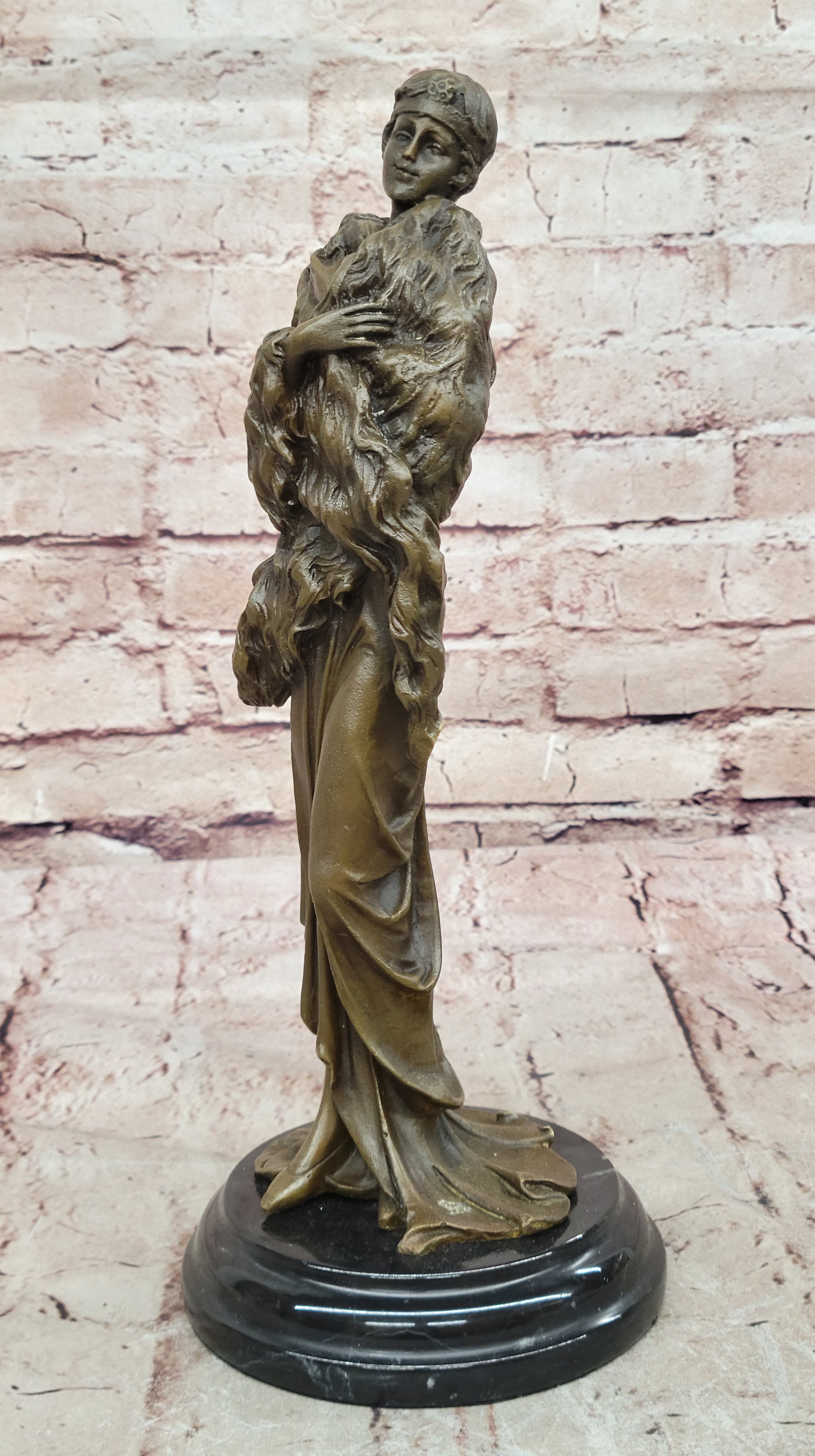 Handcrafted Sexy Woman with Fur Coat Actress Model Trophy Bronze Sculpture Statue