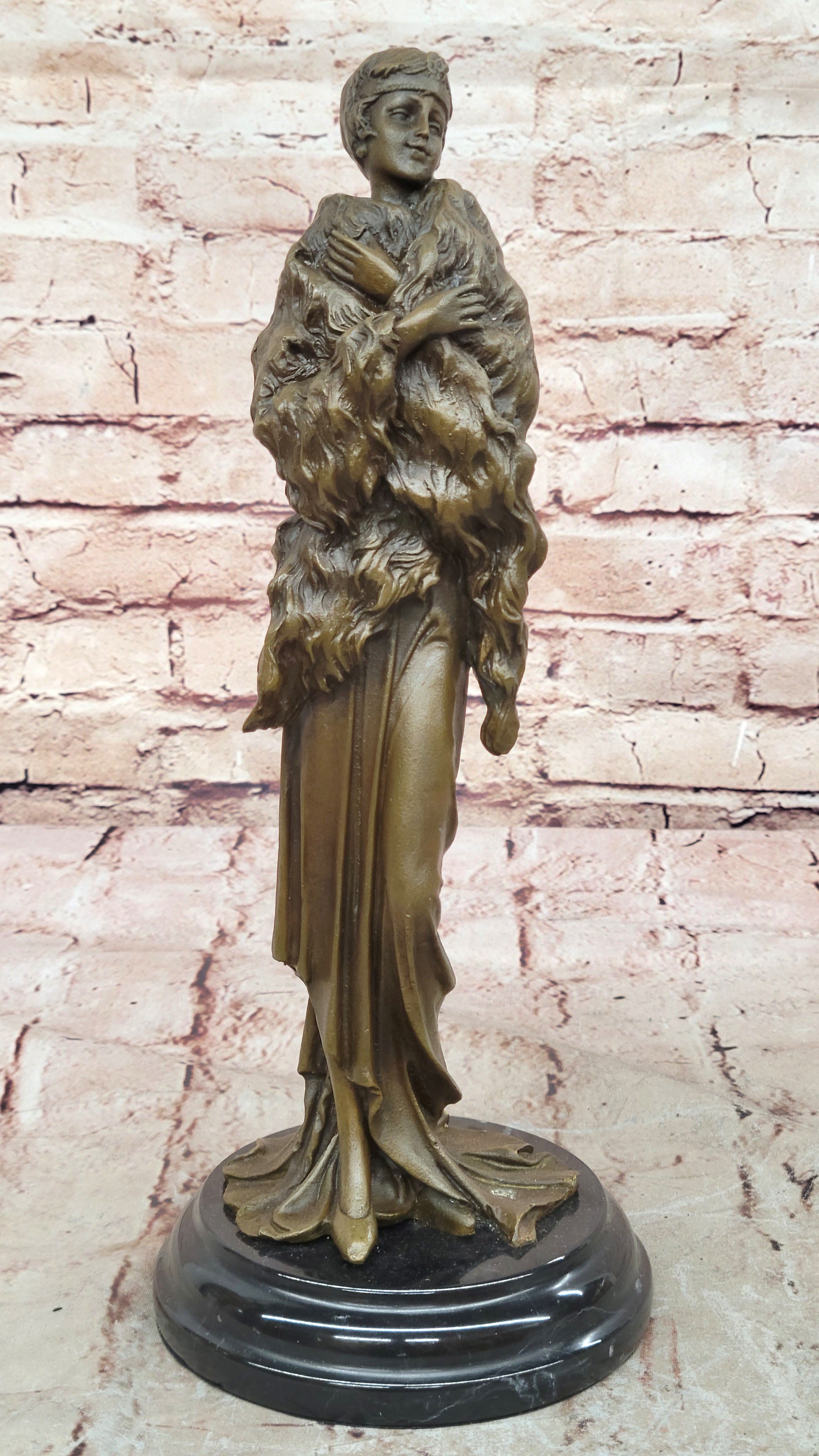 Handcrafted Sexy Woman with Fur Coat Actress Model Trophy Bronze Sculpture Statue