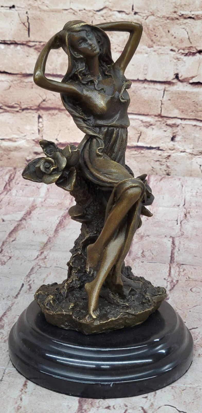 Handcrafted Art Nouveau Sexy Maiden with Bunch of Roses Flower Bronze Figurine