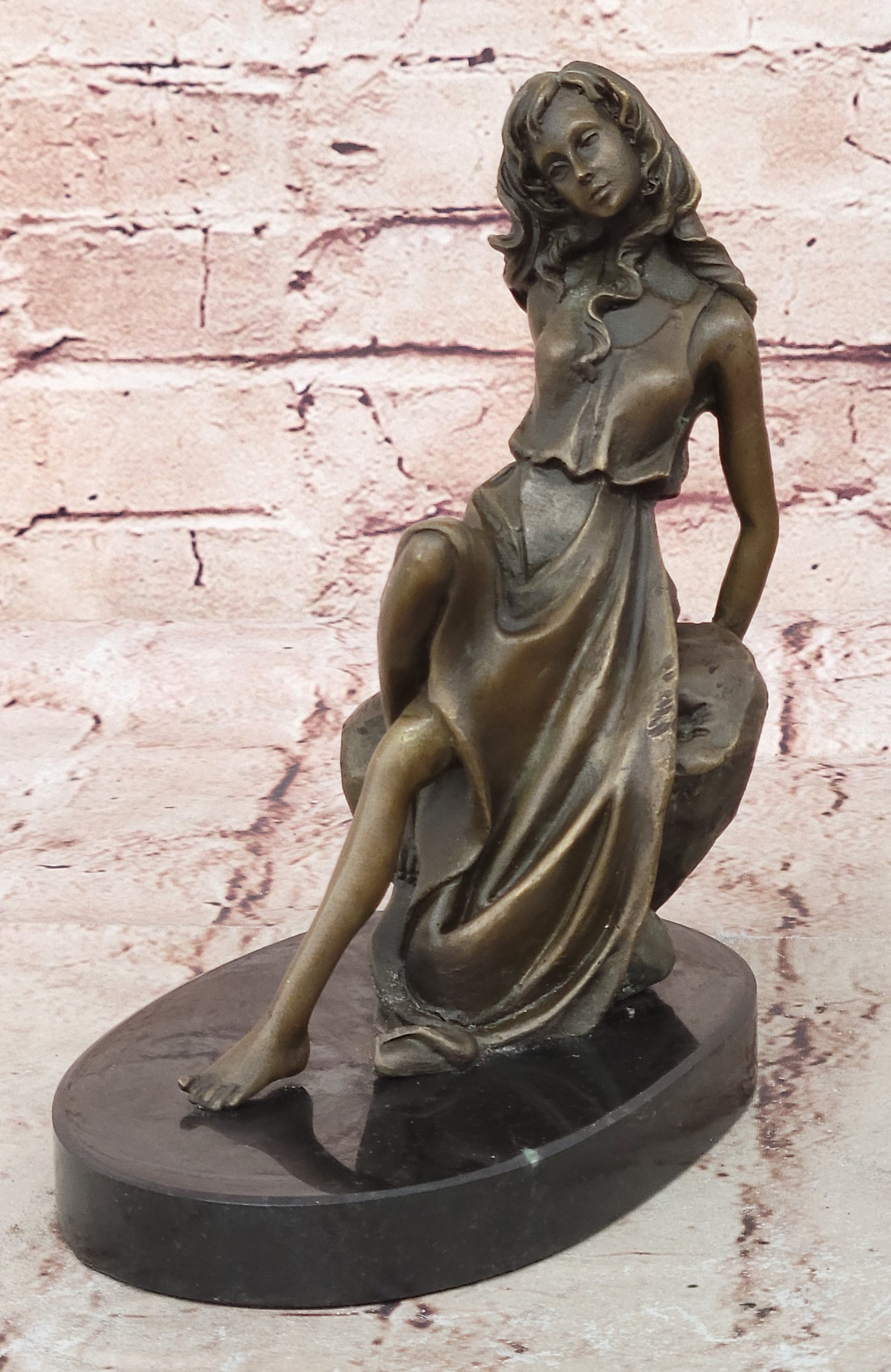 Bronze Sculpture Hand Made Original Mavchi Relaxed Woman on the Rock Figurine