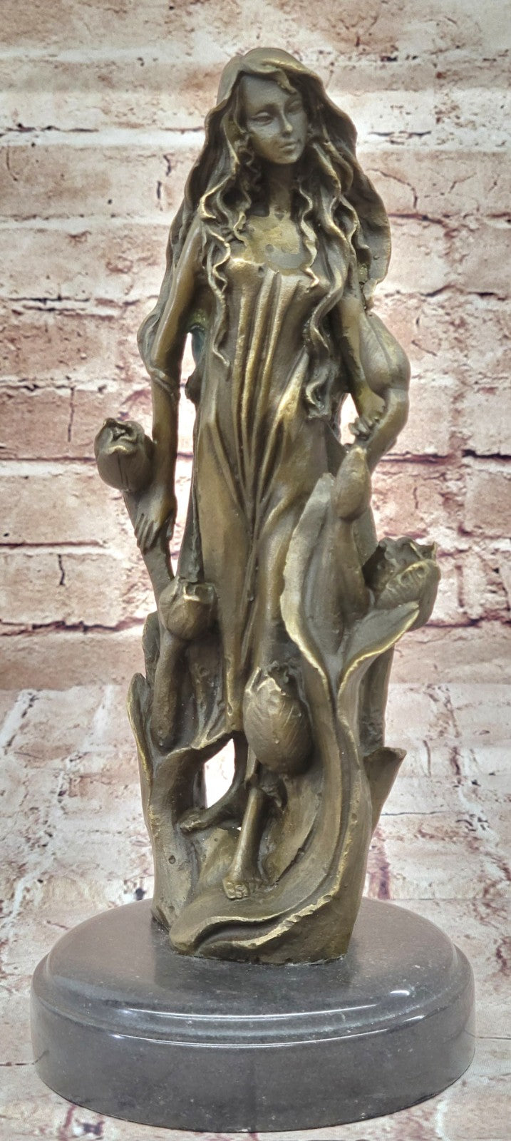 Bronze Sculpture Young lady Gazes into sky with  Flower Art Nouveau Deco Decor