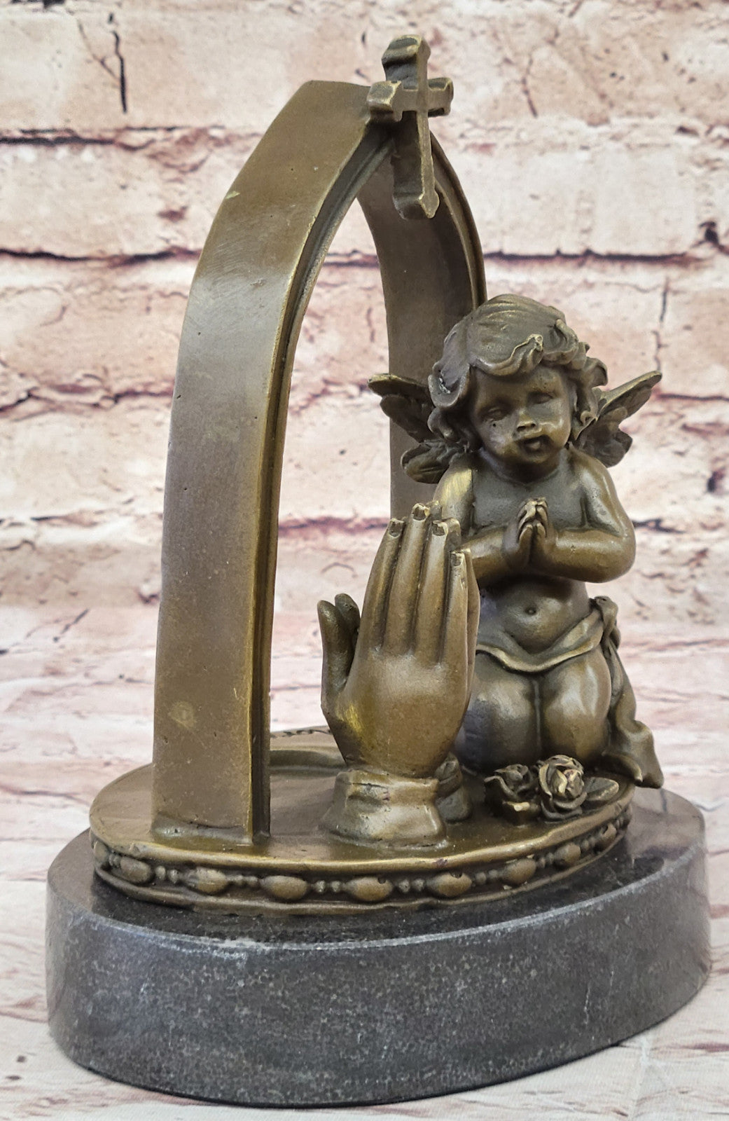 Putti Angel Praying Bronze Sculpture by A. Moreau: Handmade Fine Art Gift