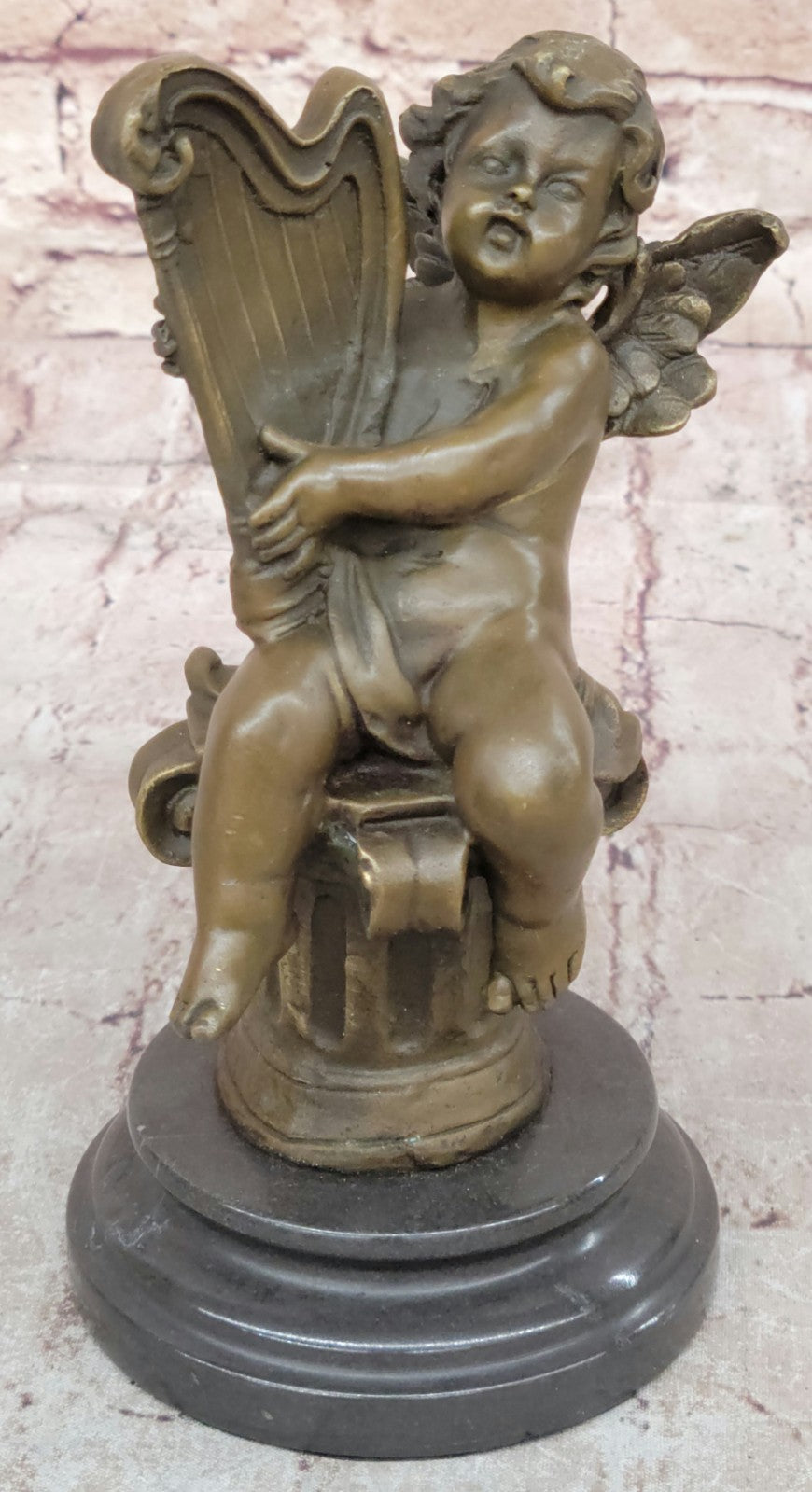 Putti Cherub Pan Harp Musician Artist Angel Bronze Marble Statue Music Room Art