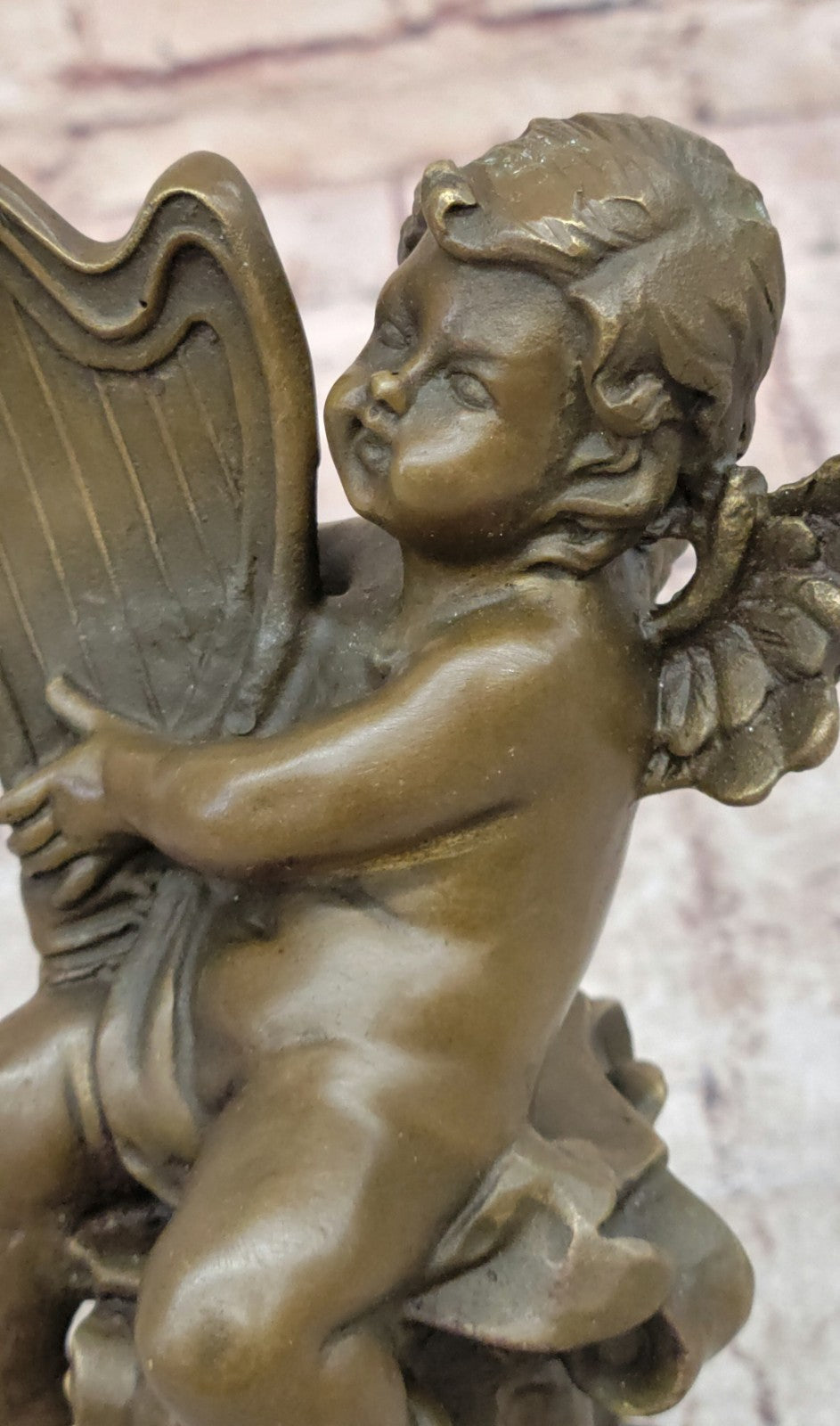 Putti Cherub Pan Harp Musician Artist Angel Bronze Marble Statue Music Room Art