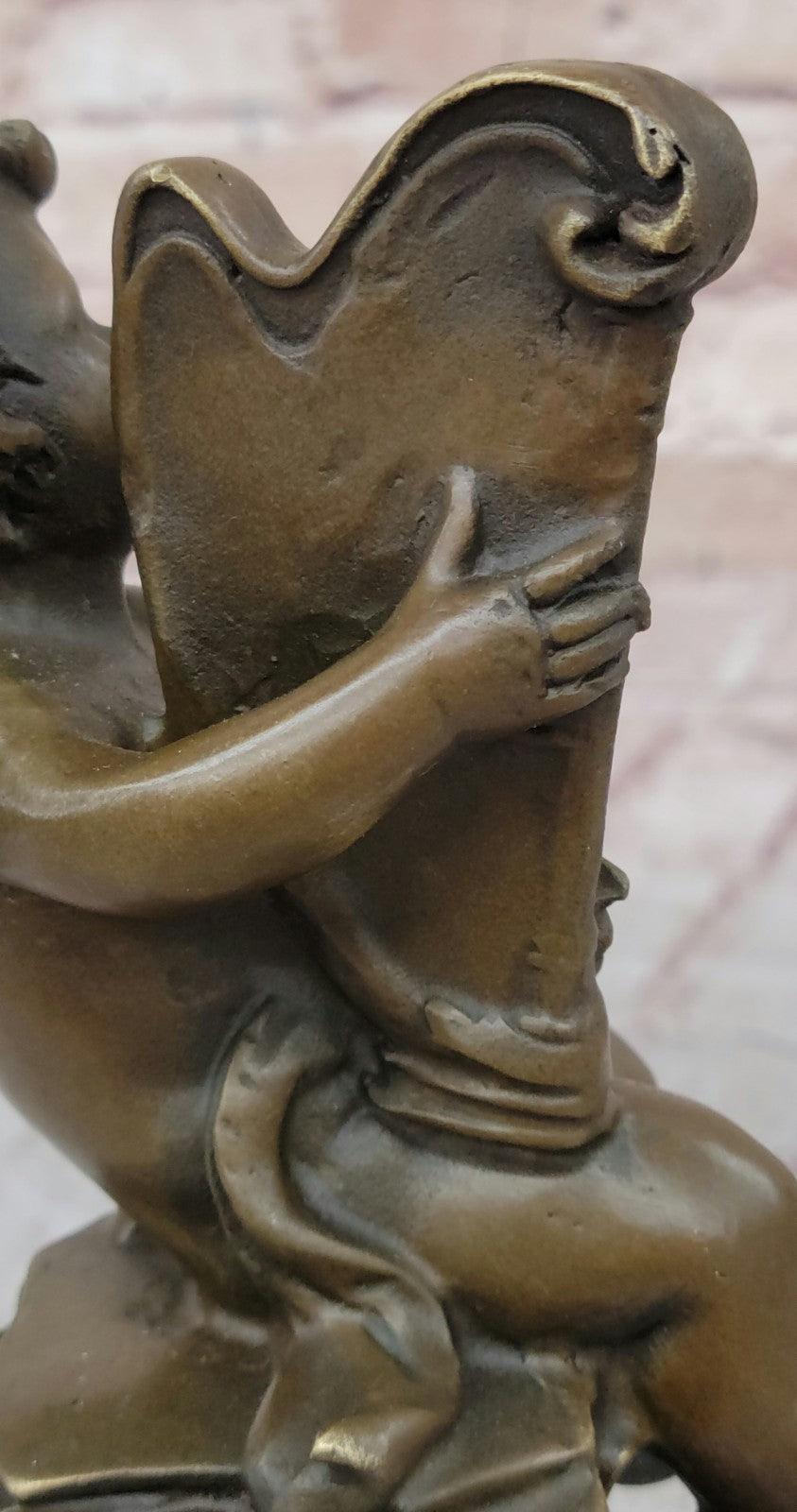 Putti Cherub Pan Harp Musician Artist Angel Bronze Marble Statue Music Room Art