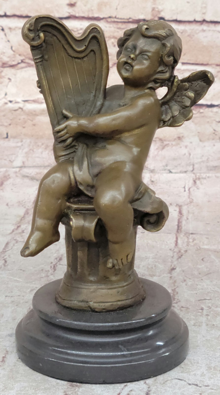 Putti Cherub Pan Harp Musician Artist Angel Bronze Marble Statue Music Room Art