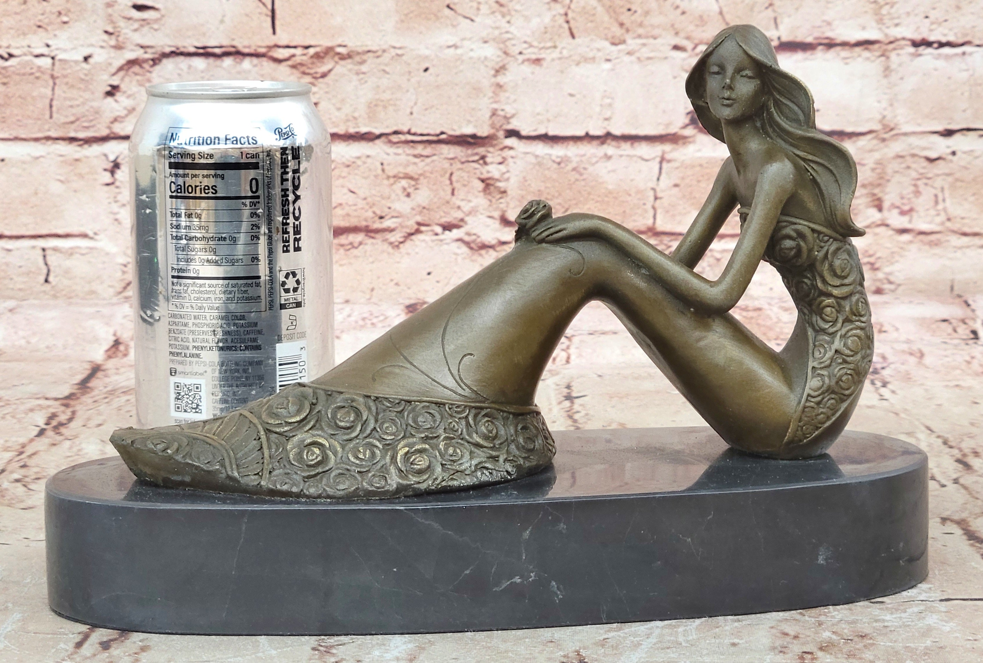 Mermaid Daydreaming Thinking Decorative Statue. 100% Pure Bronze Hand-Painted