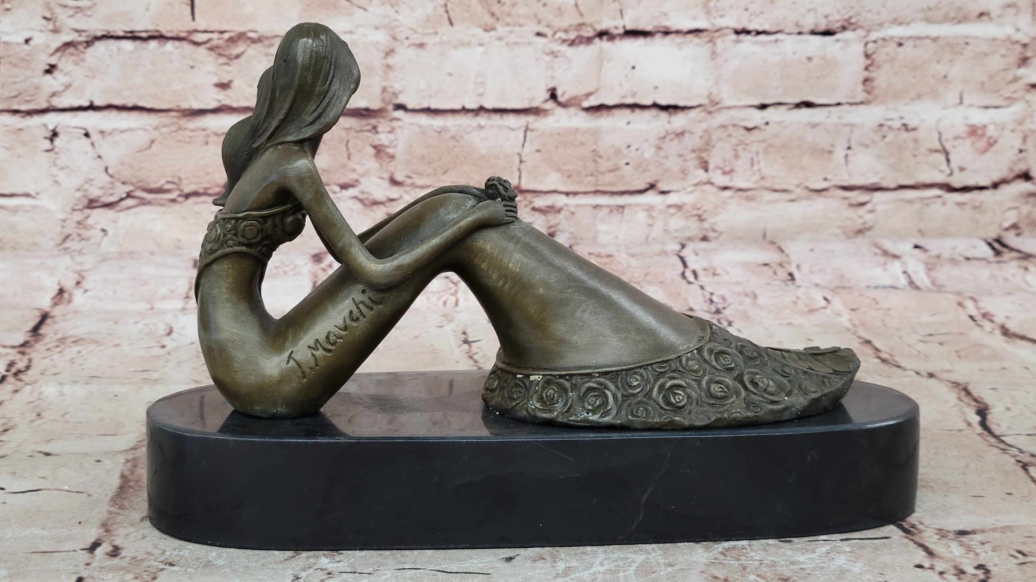 Mermaid Daydreaming Thinking Decorative Statue. 100% Pure Bronze Hand-Painted