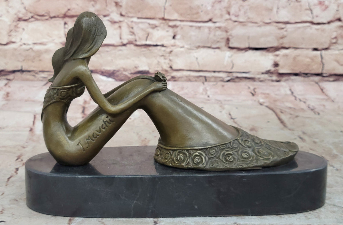 Mermaid Daydreaming Thinking Decorative Statue. 100% Pure Bronze Hand-Painted