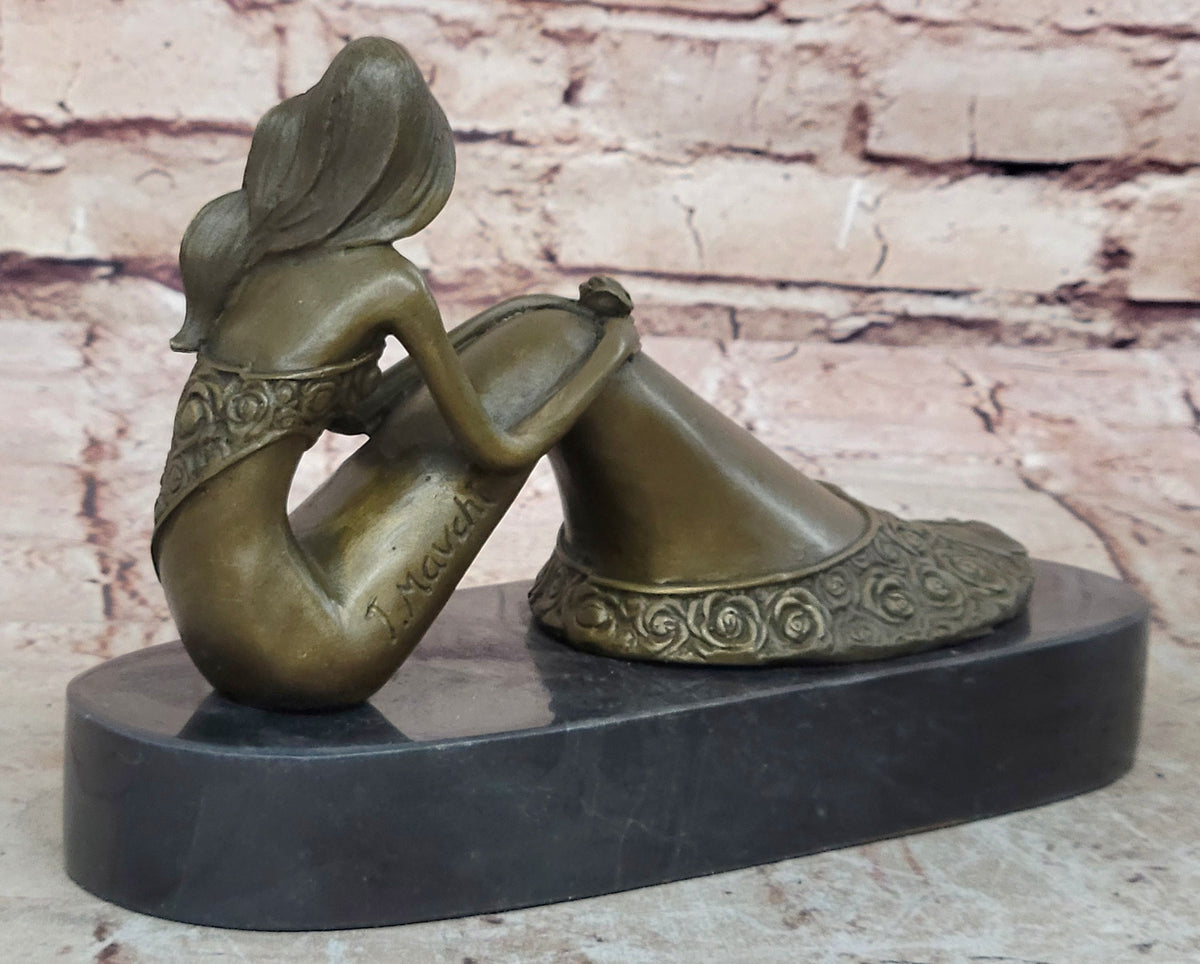 Mermaid Daydreaming Thinking Decorative Statue. 100% Pure Bronze Hand-Painted