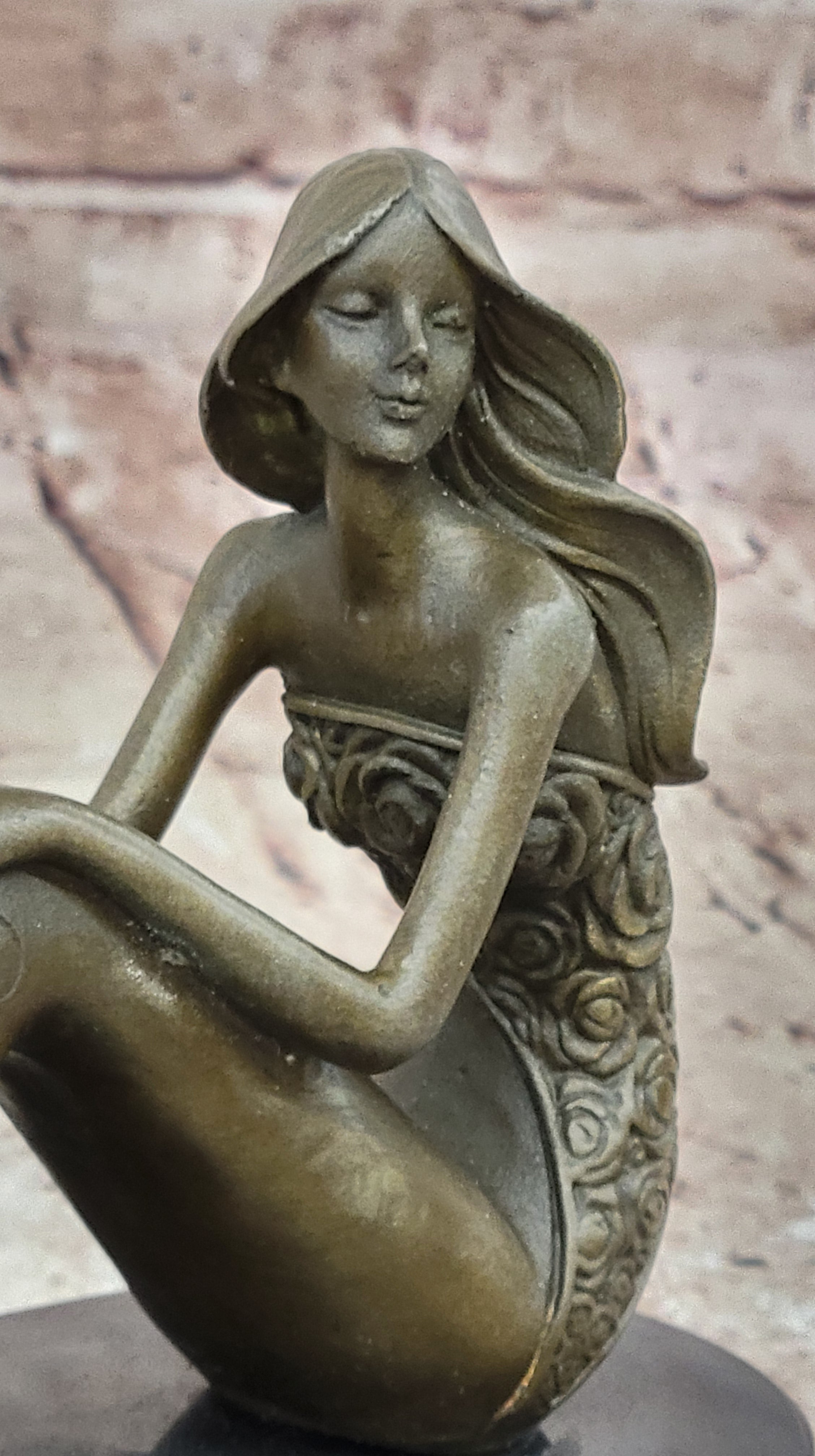 Mermaid Daydreaming Thinking Decorative Statue. 100% Pure Bronze Hand-Painted