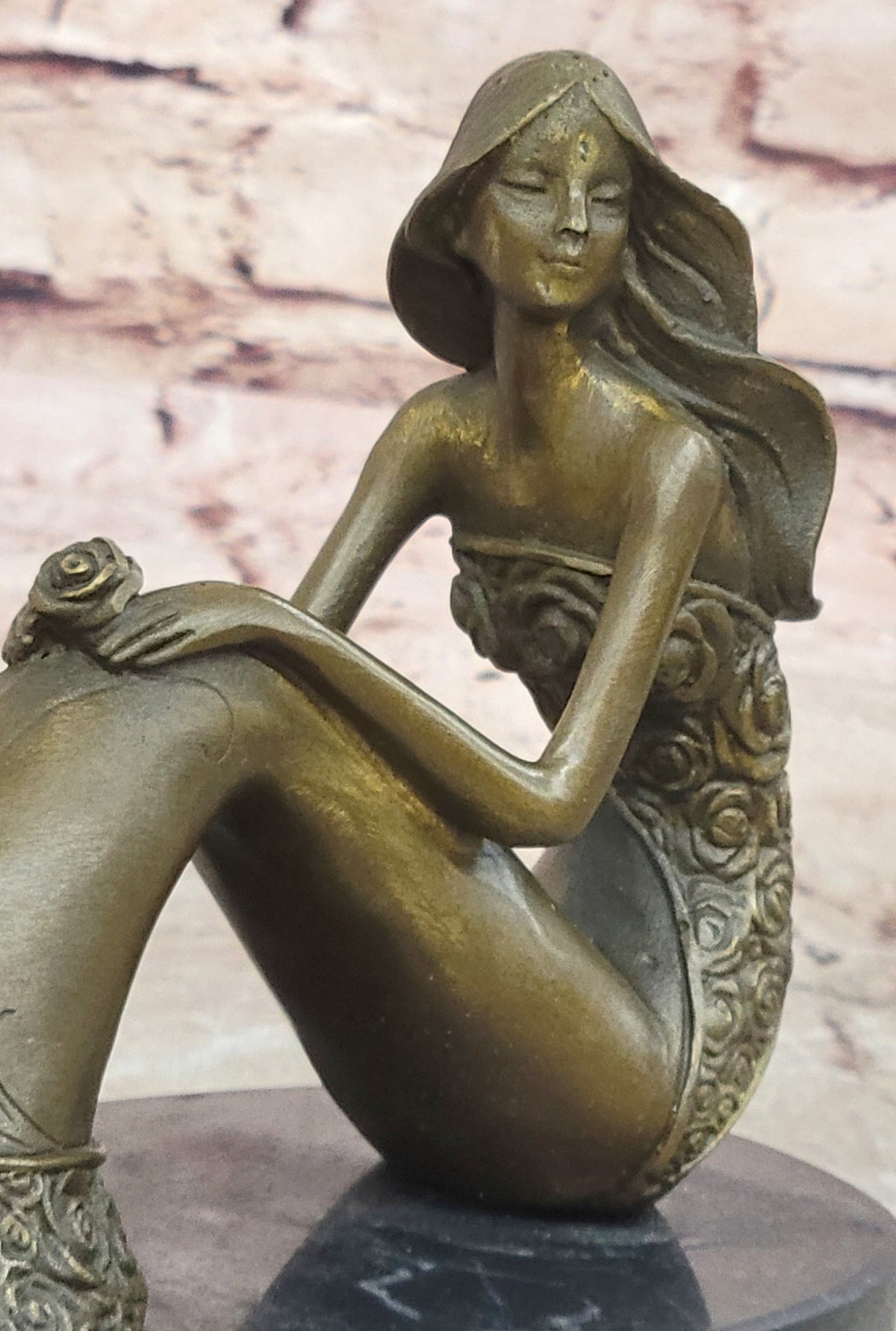 Mermaid Daydreaming Thinking Decorative Statue. 100% Pure Bronze Hand-Painted